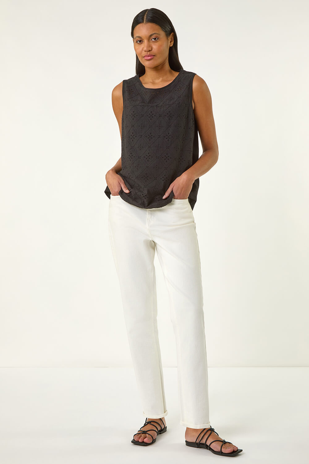 Black Broderie Vest Top, Image 3 of 5