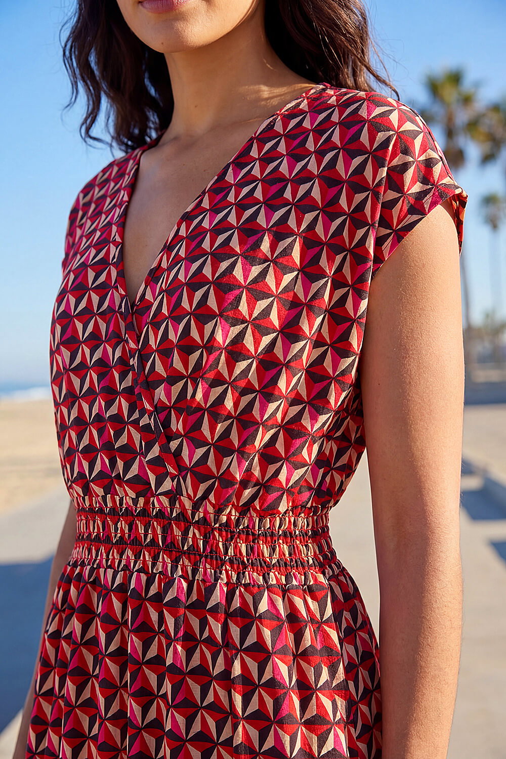 Red Geo Print V-Neck Stretch Midi Dress, Image 5 of 4