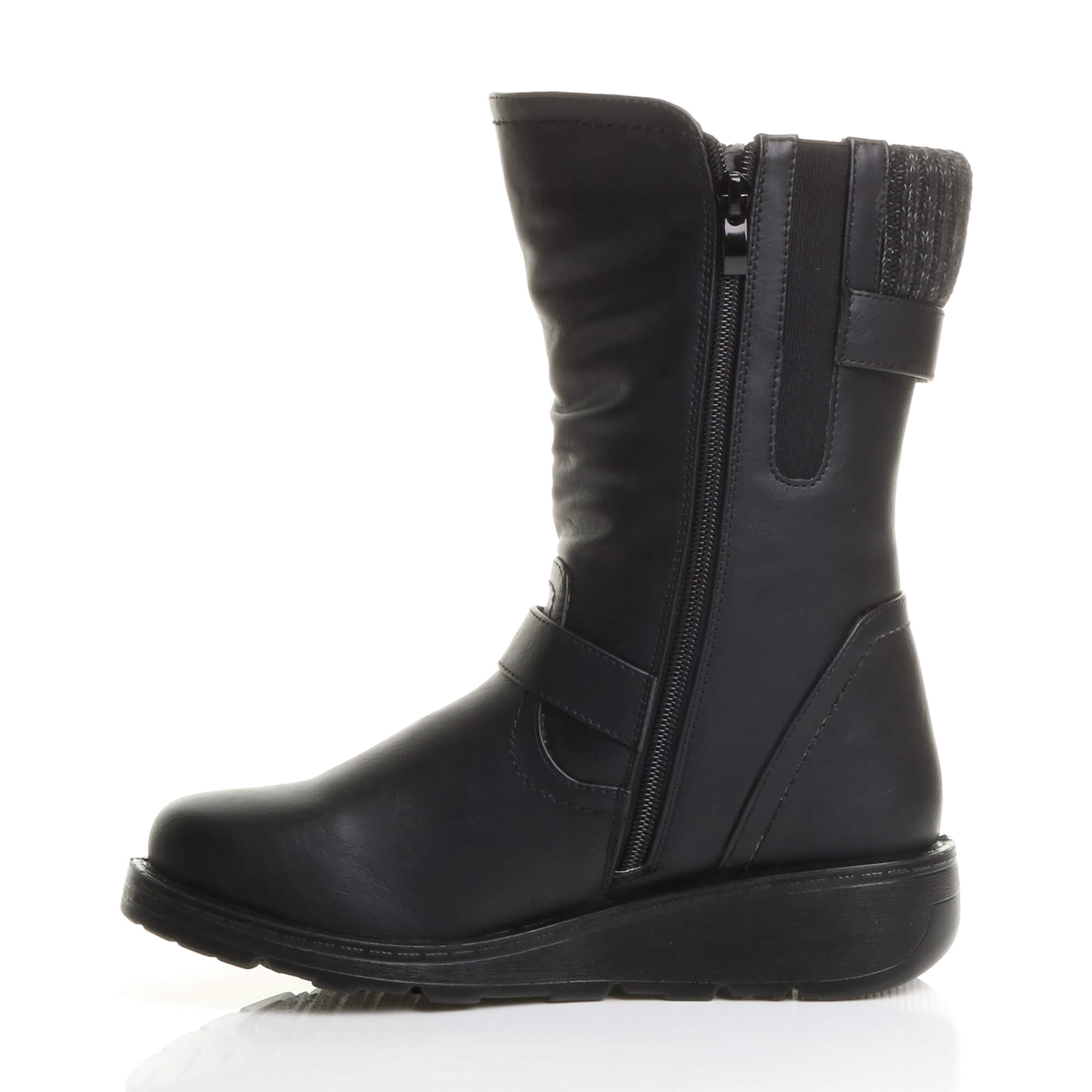 Black Low Wedge Heel Comfort Calf Biker Boots, Image 3 of 6