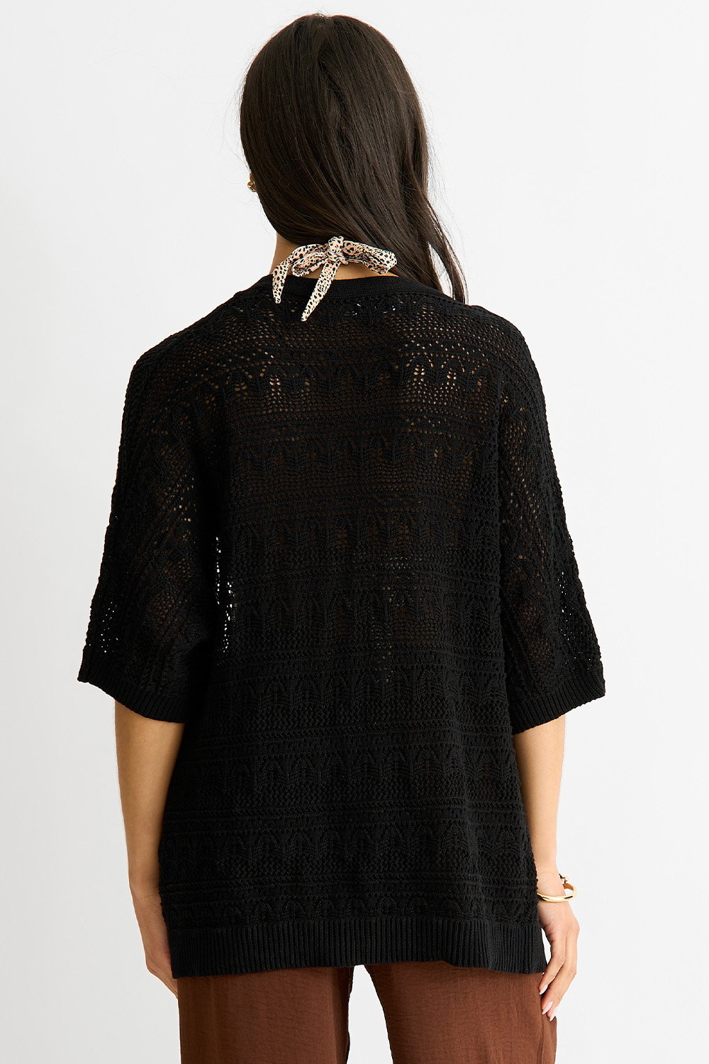Black Crochet Knit Edge to Edge Cardigan, Image 2 of 4