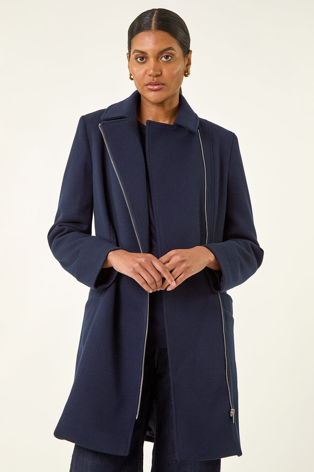 Navy Longline Biker Coat | Roman UK