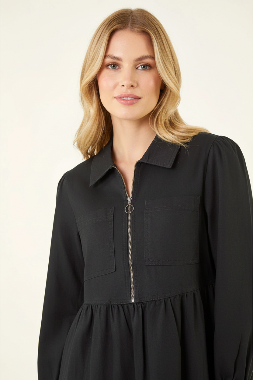 Black Front Zip Midi Dress, Image 3 of 5