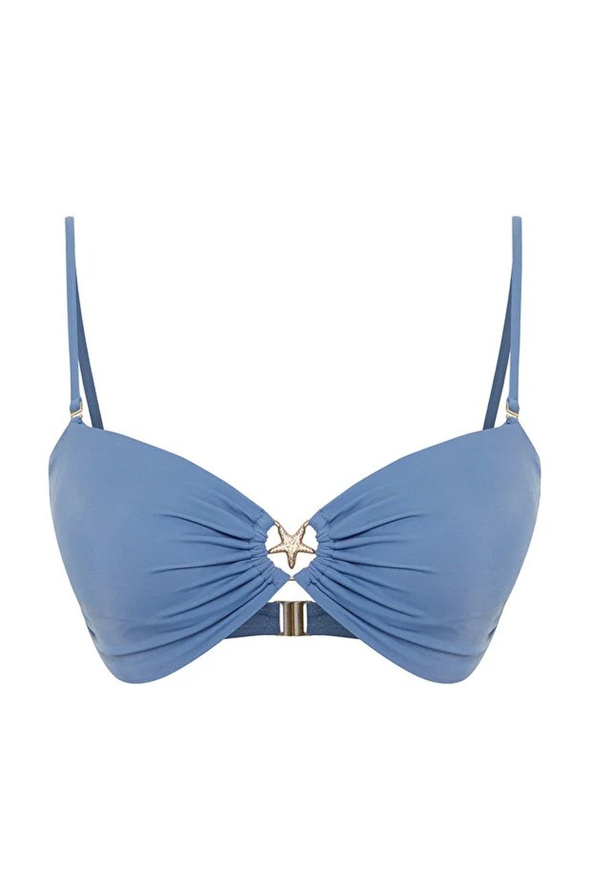 Blue WOVCOR Blue Ruched Bandeau Bikini Top with Ring Detail, Image 3 of 5