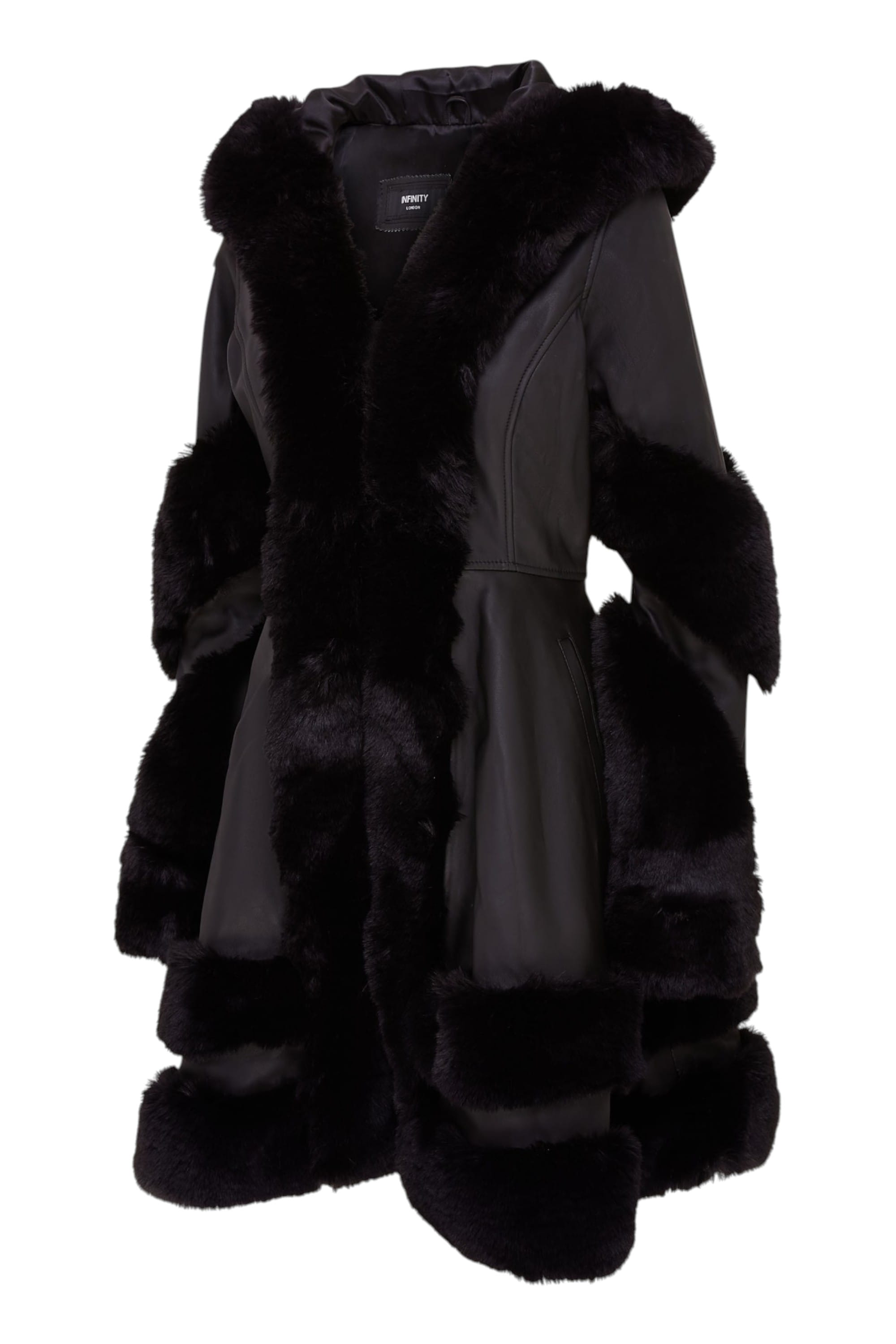 Black Flared Leather Hooded Cape Coat-Mandal, Image 2 of 6