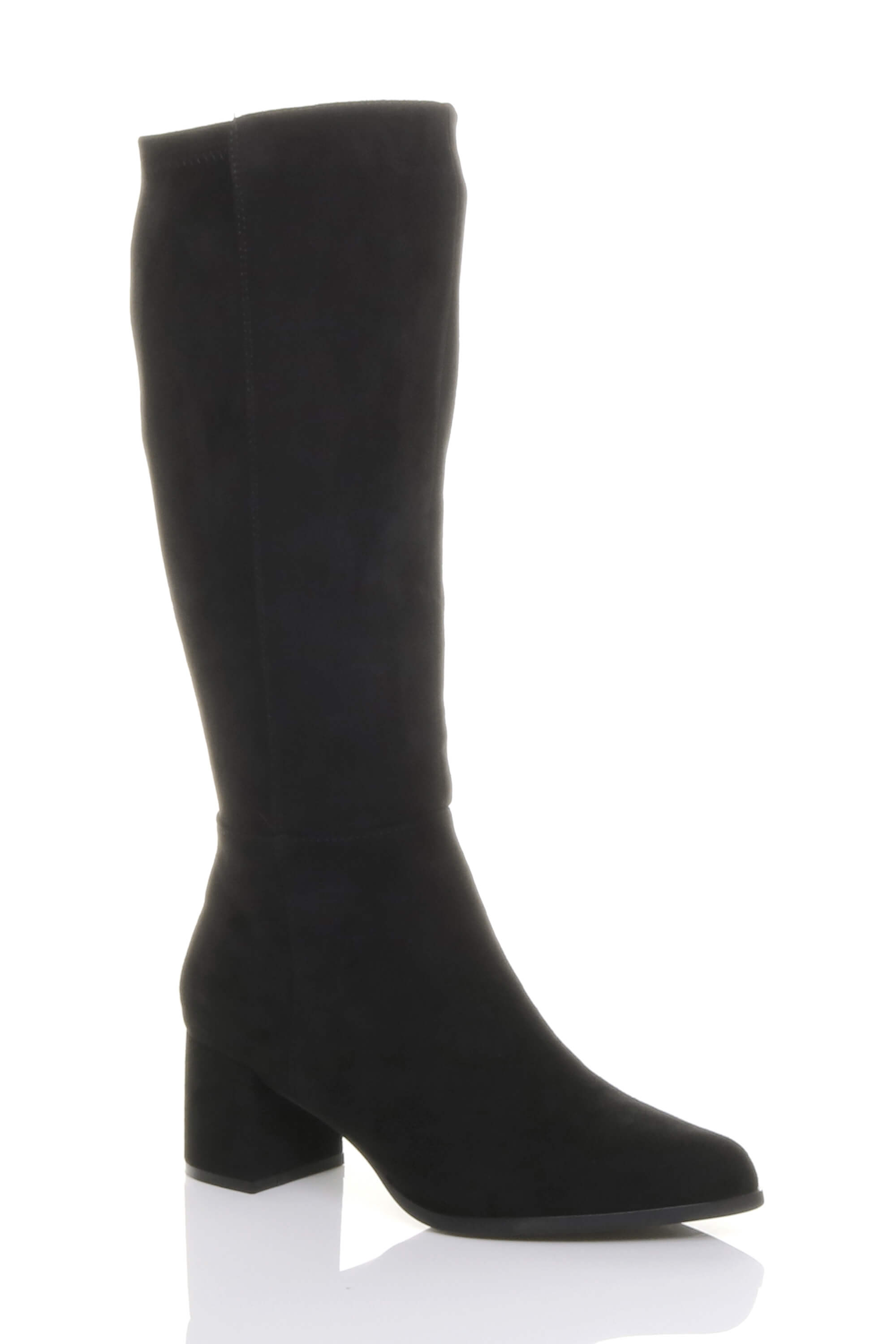 Black AJVANI Black Mid Block Heel Pointed Toe Stretchy Riding Calf Boots, Image 1 of 5