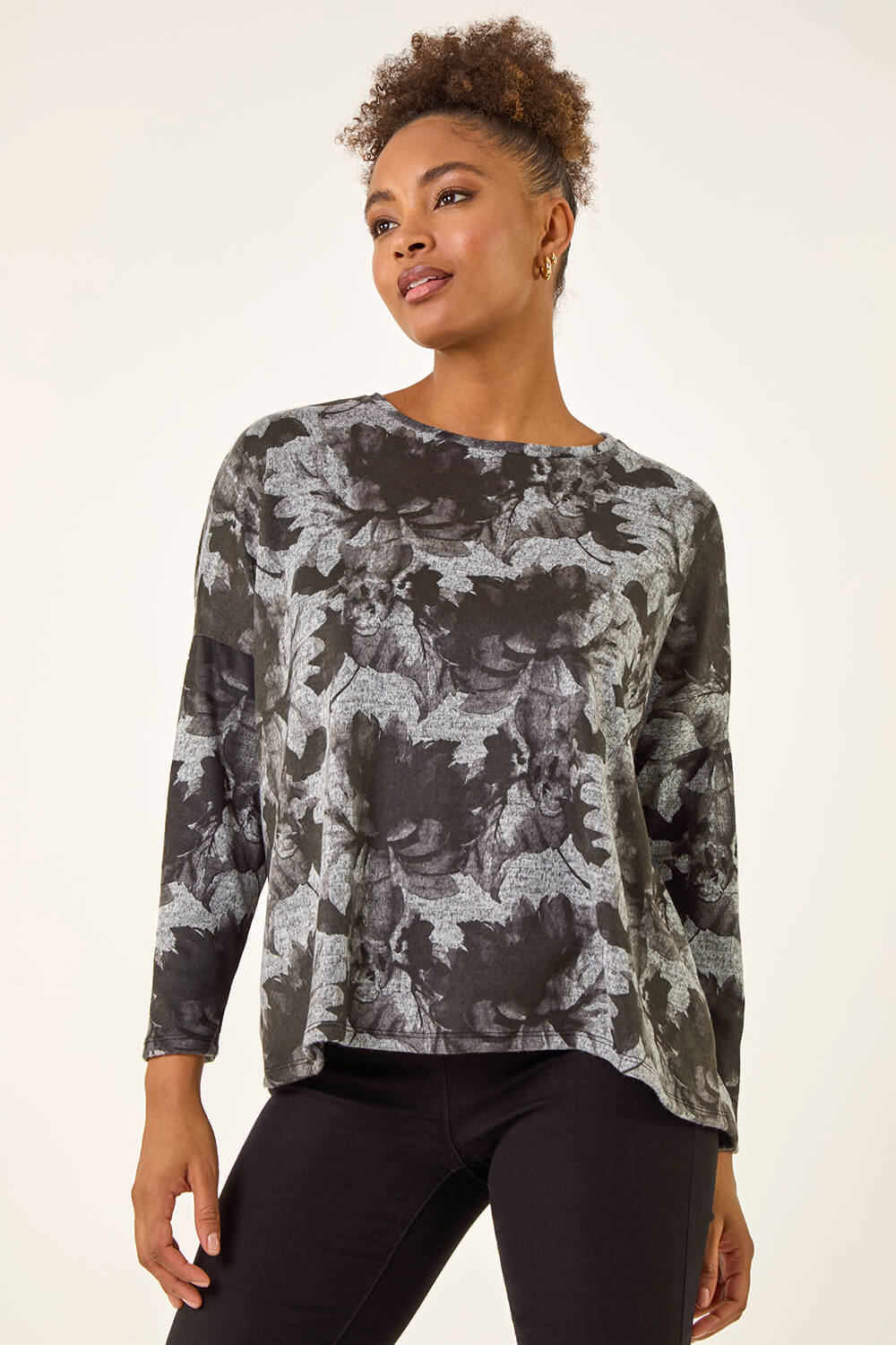 Grey Printed Scarf Tunic Stretch Top, Image 1 of 6