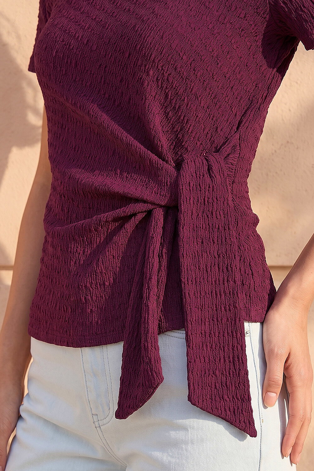Wine Petite Textured Side Tie Stretch Top, Image 5 of 4