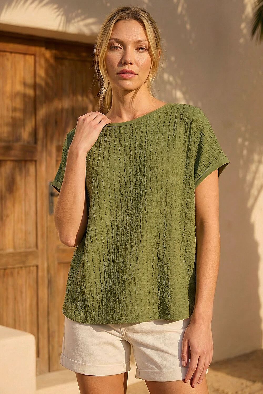 Khaki Textured Stretch Tunic Top, Image 1 of 4