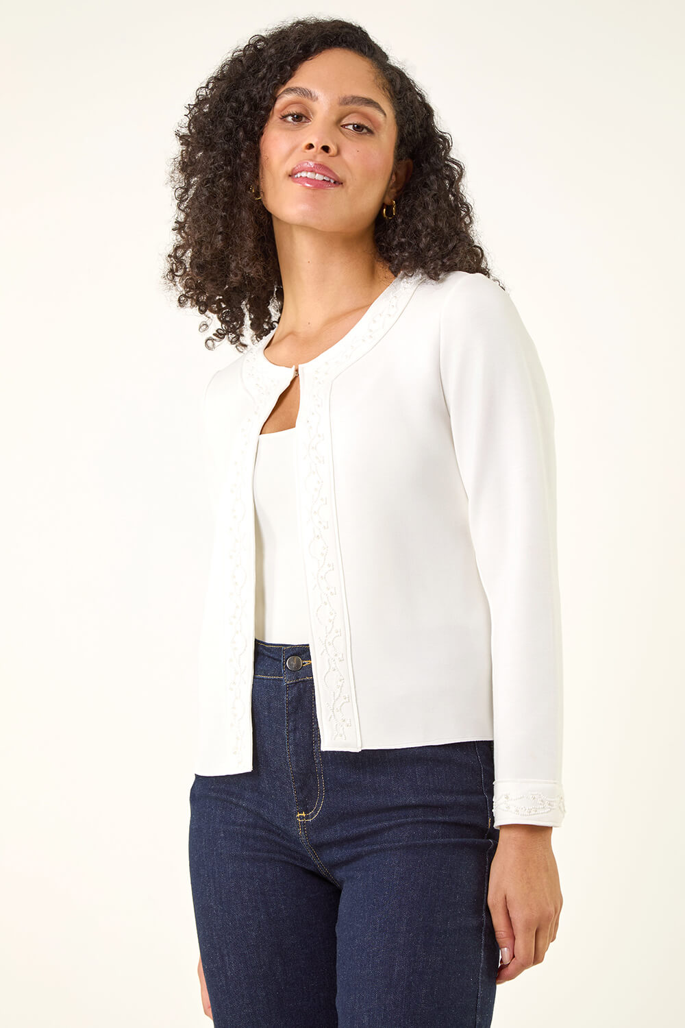 Ivory Beaded Trim Open Jacket, Image 5 of 5