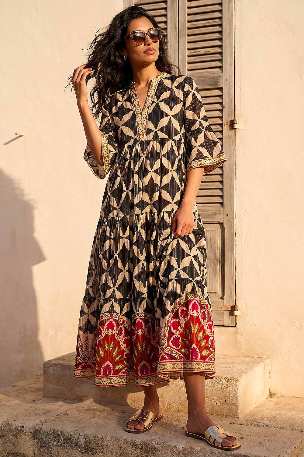 Black Abstract Print Boho Maxi Dress , Image 3 of 4