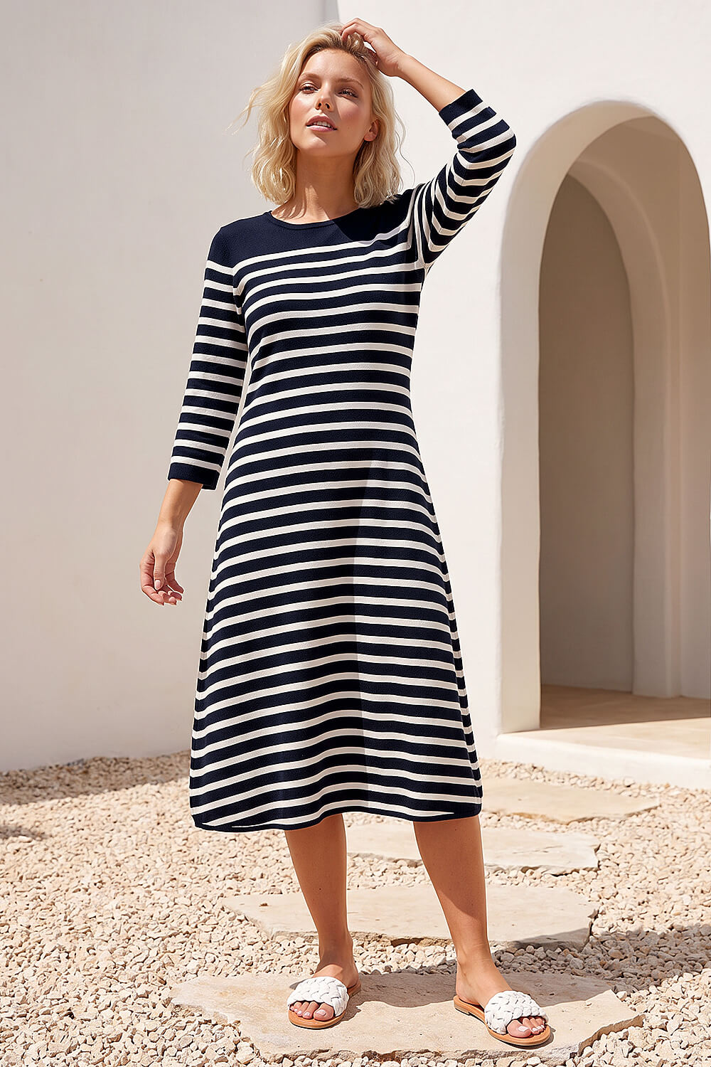 Roman Petite Women's Navy Stripe Knitted Midi Dress Size 18