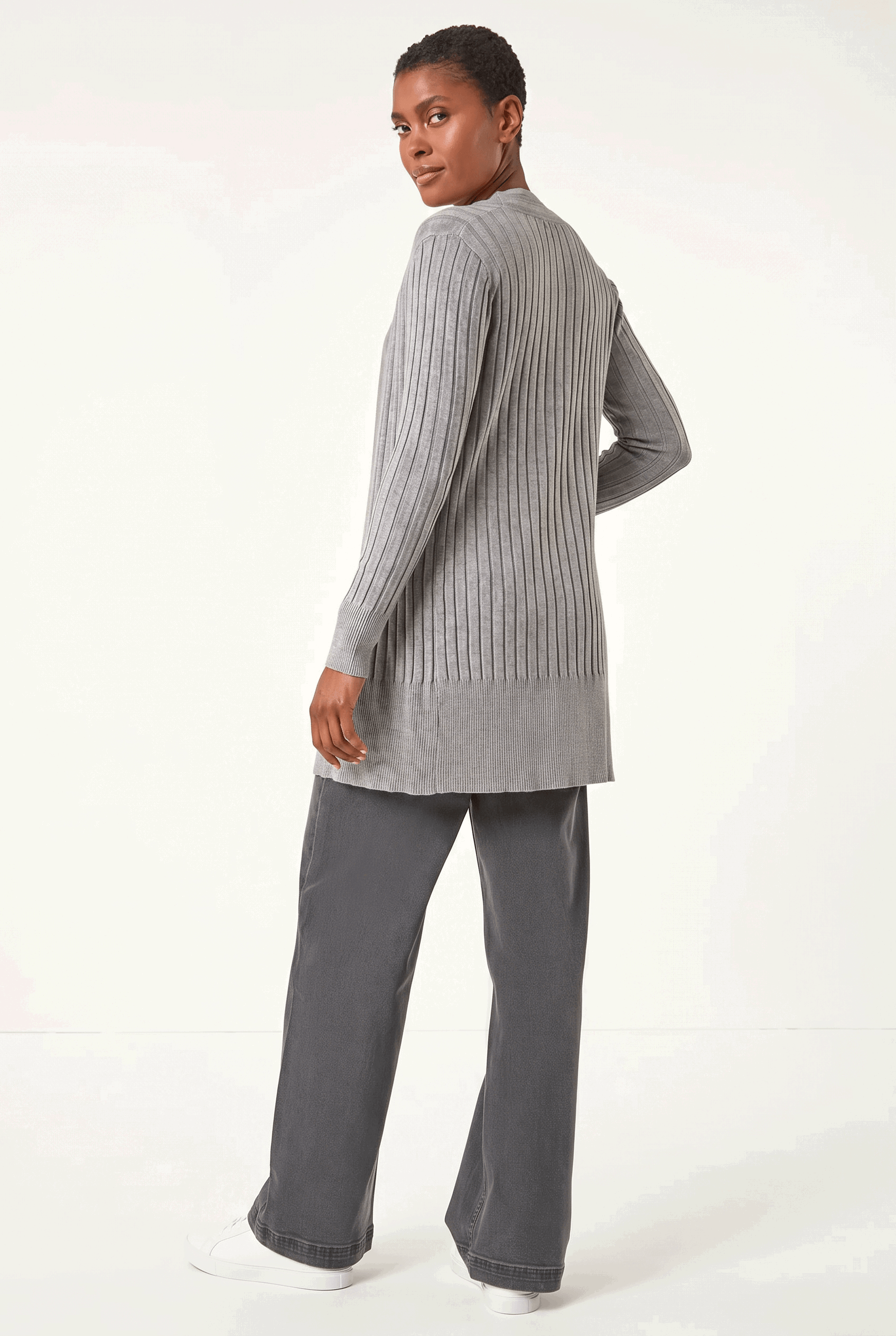 Light Grey Longline Stretch Ribbed Cardigan, Image 3 of 5