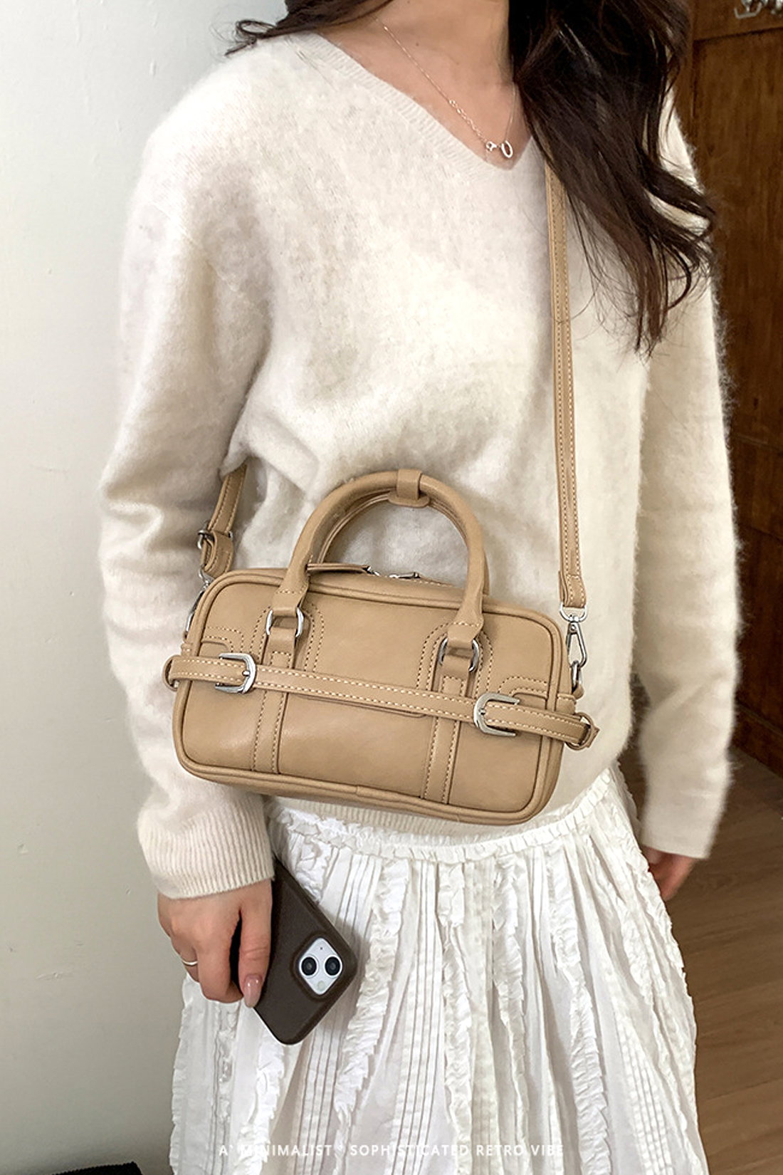 Taupe Barrel Satchel handbag With Shoulder Strap, Image 2 of 4