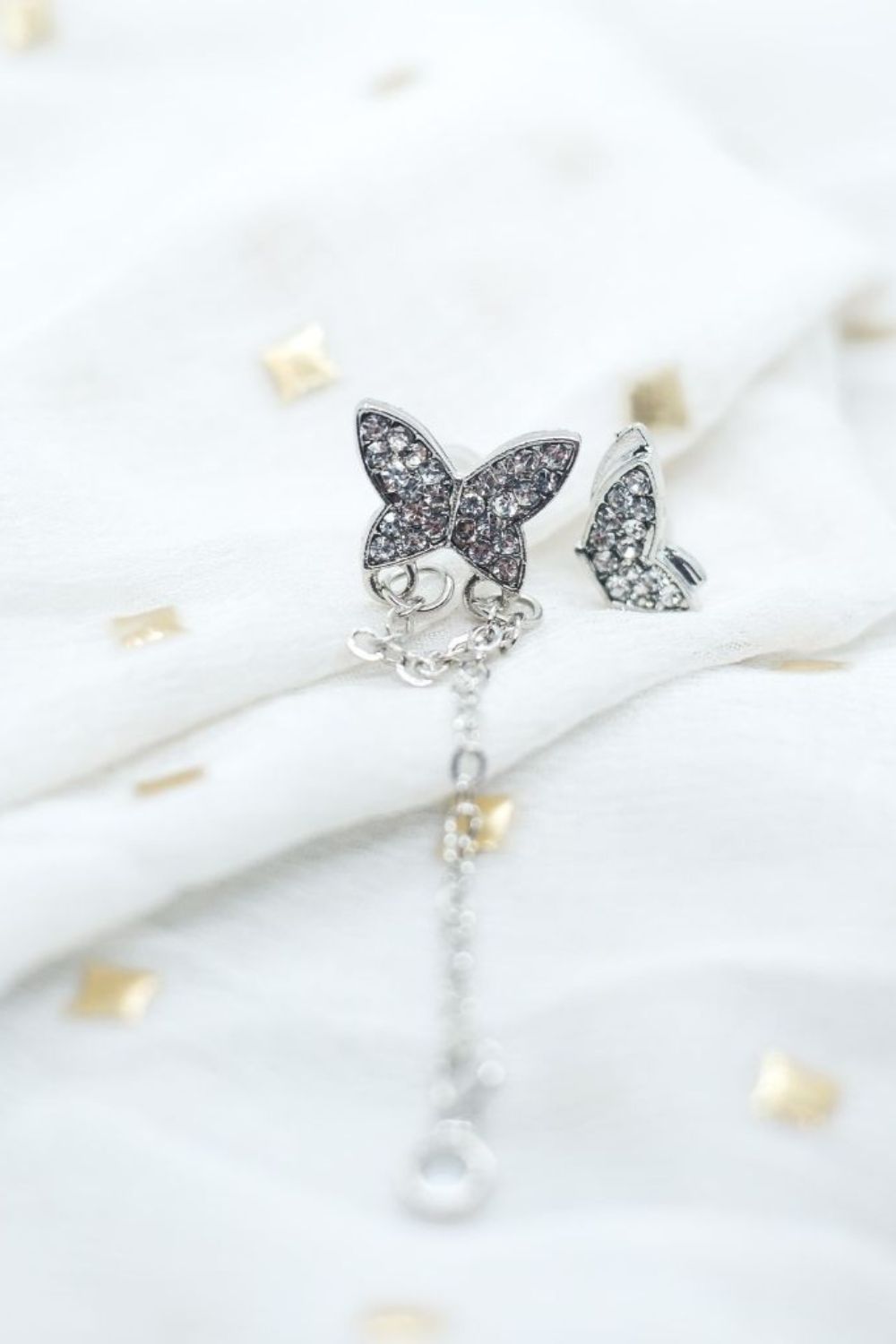 Silver The Colourful Aura Silver Butterfly Ear Cuff with Dangle Chain and Stud, Silver, Image 2 of 4