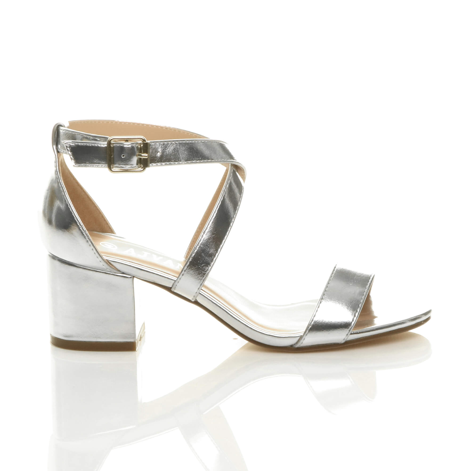Silver AJVANI Silver Mid Block Heel Crossed Straps Sandals, Image 2 of 6