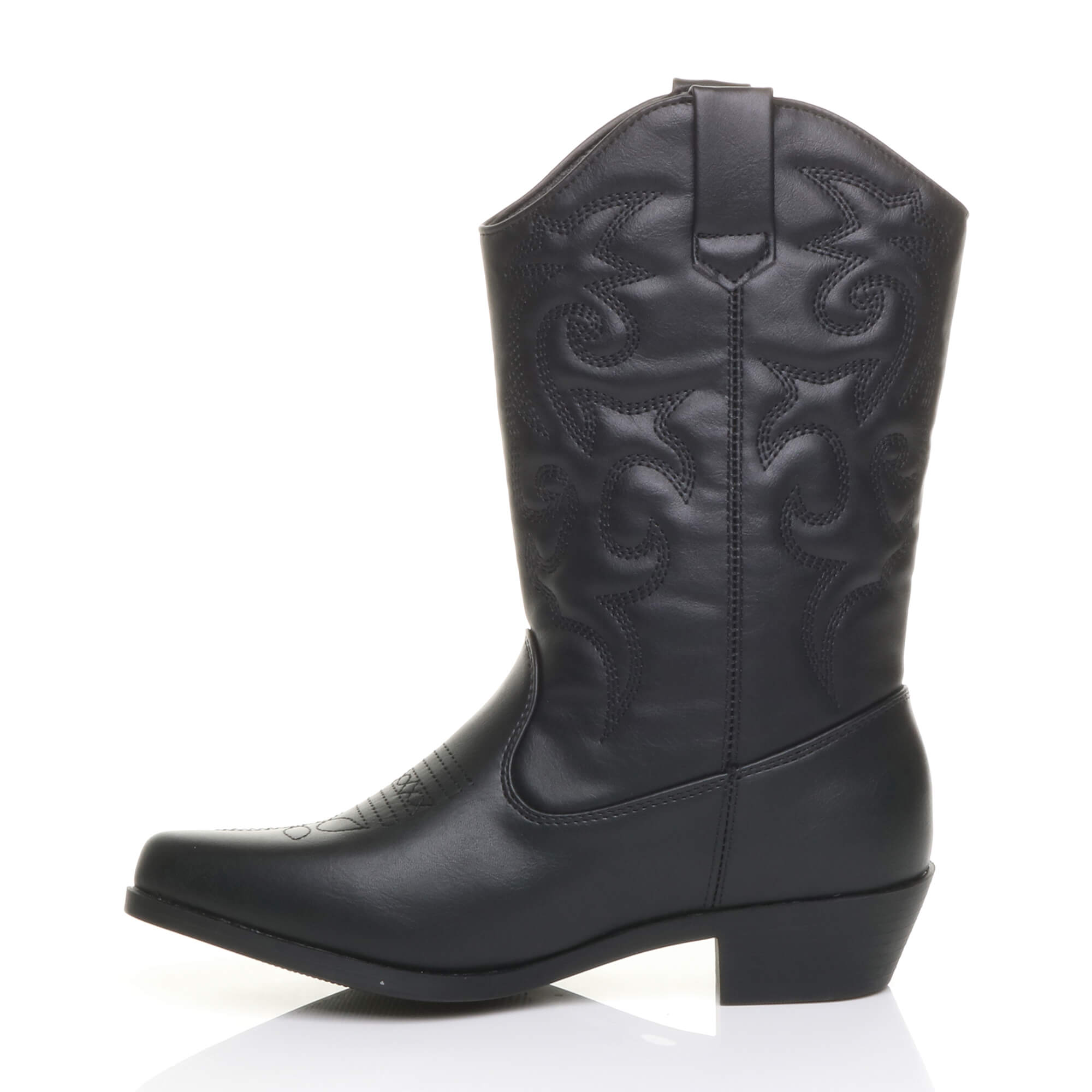 Black AJVANI Black Low Cuban Heel Embroidered Cowboy Western Boots, Image 3 of 6