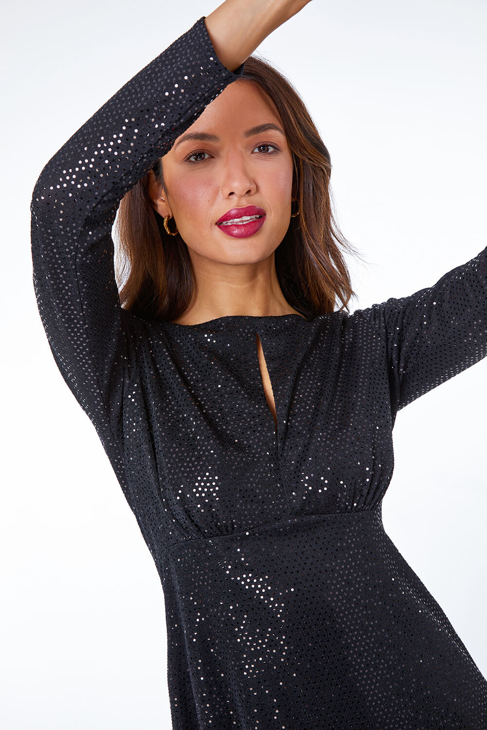 Black Sequin Keyhole Detail Ruched Midi Dress, Image 5 of 5