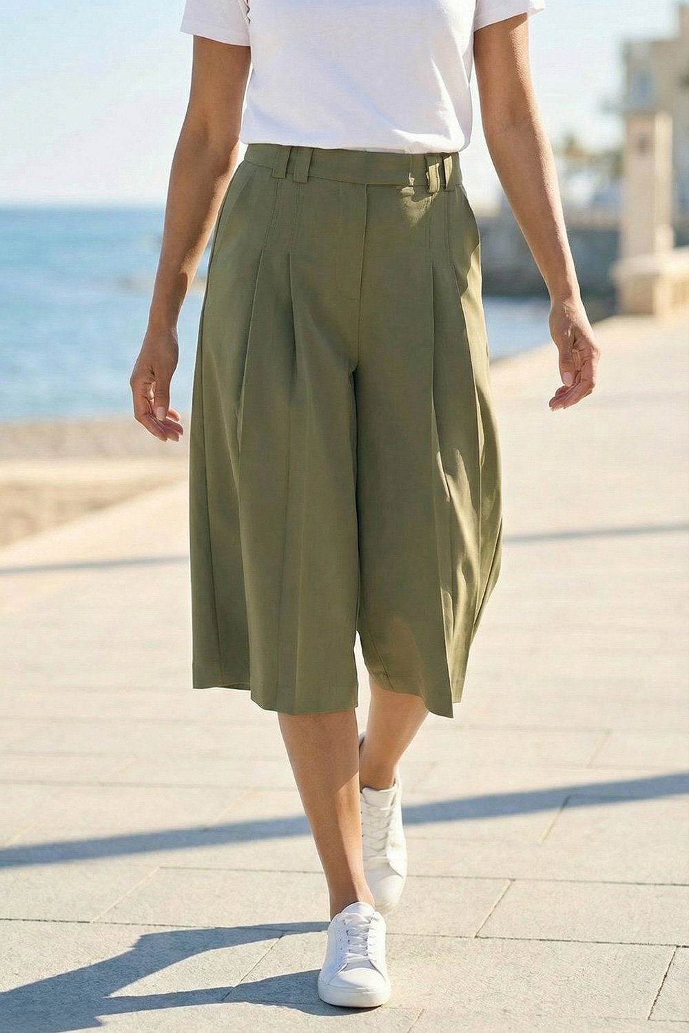 Olive Pleat Front Stretch Culottes, Image 4 of 3