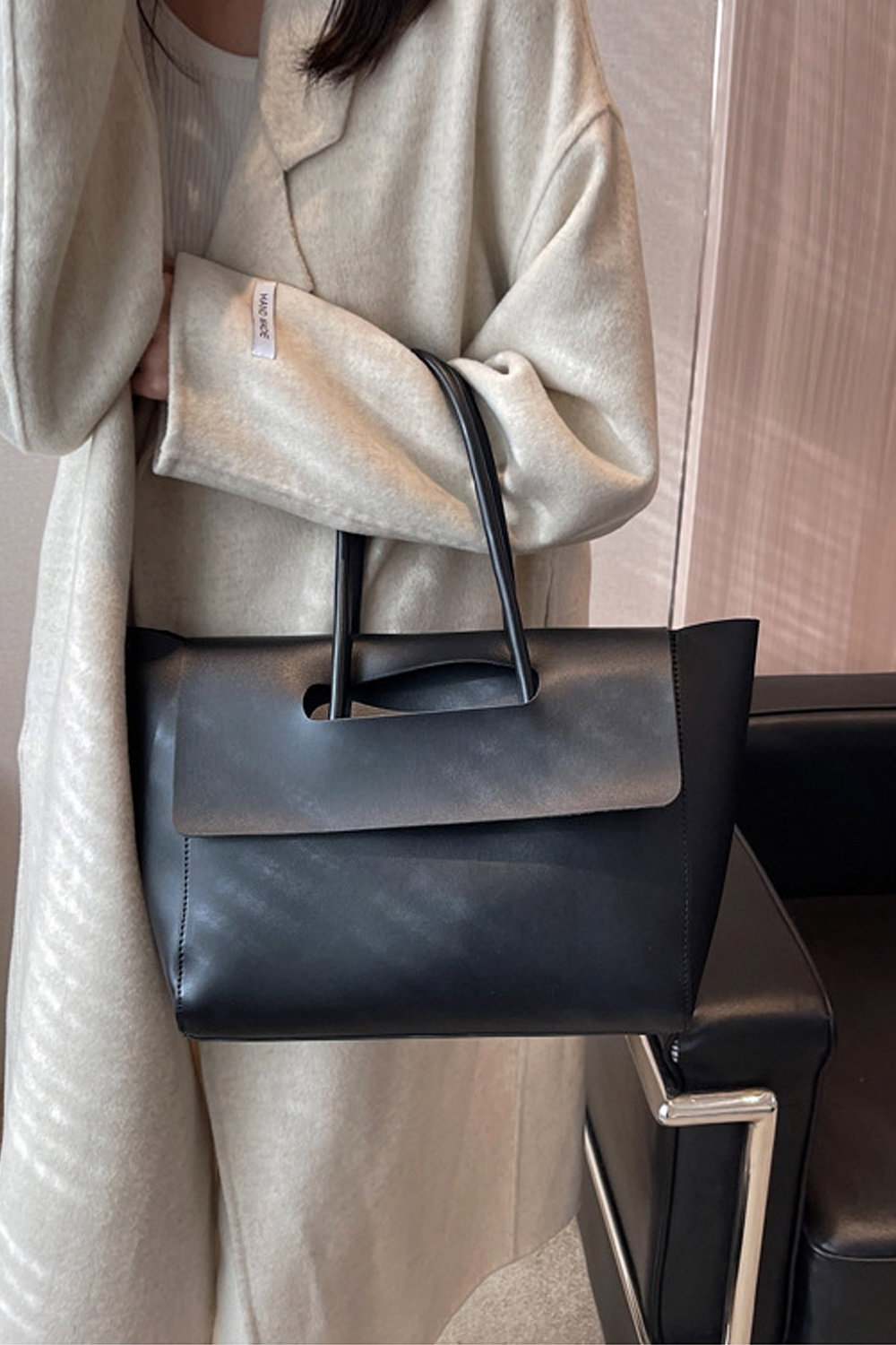 Black 'Indie' Faux Leather Flap Over Handle Shoulder Tote Bag