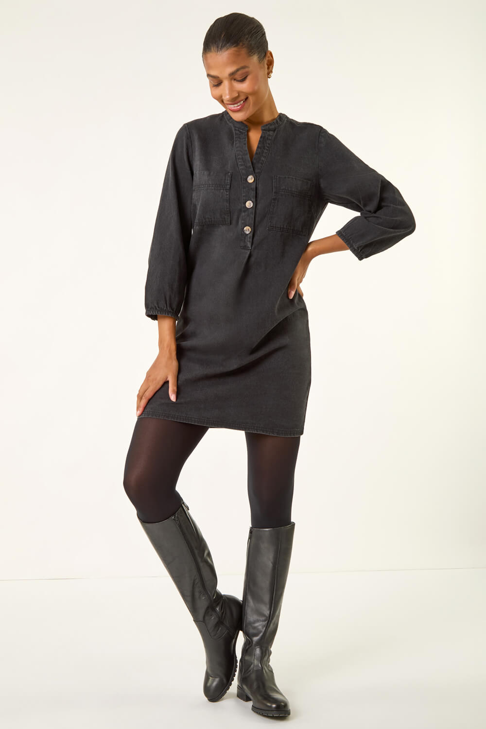 Black Cotton Denim Button Shift Dress, Image 3 of 5
