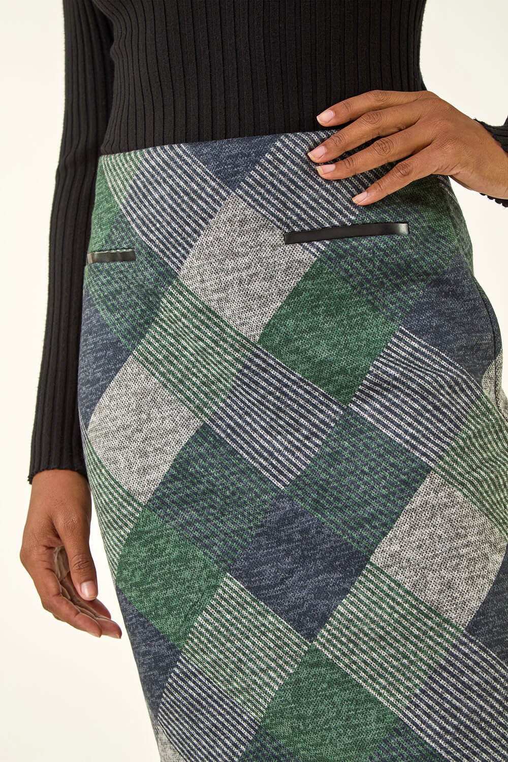 Green Check Print Pocket Stretch A line Skirt, Image 6 of 5