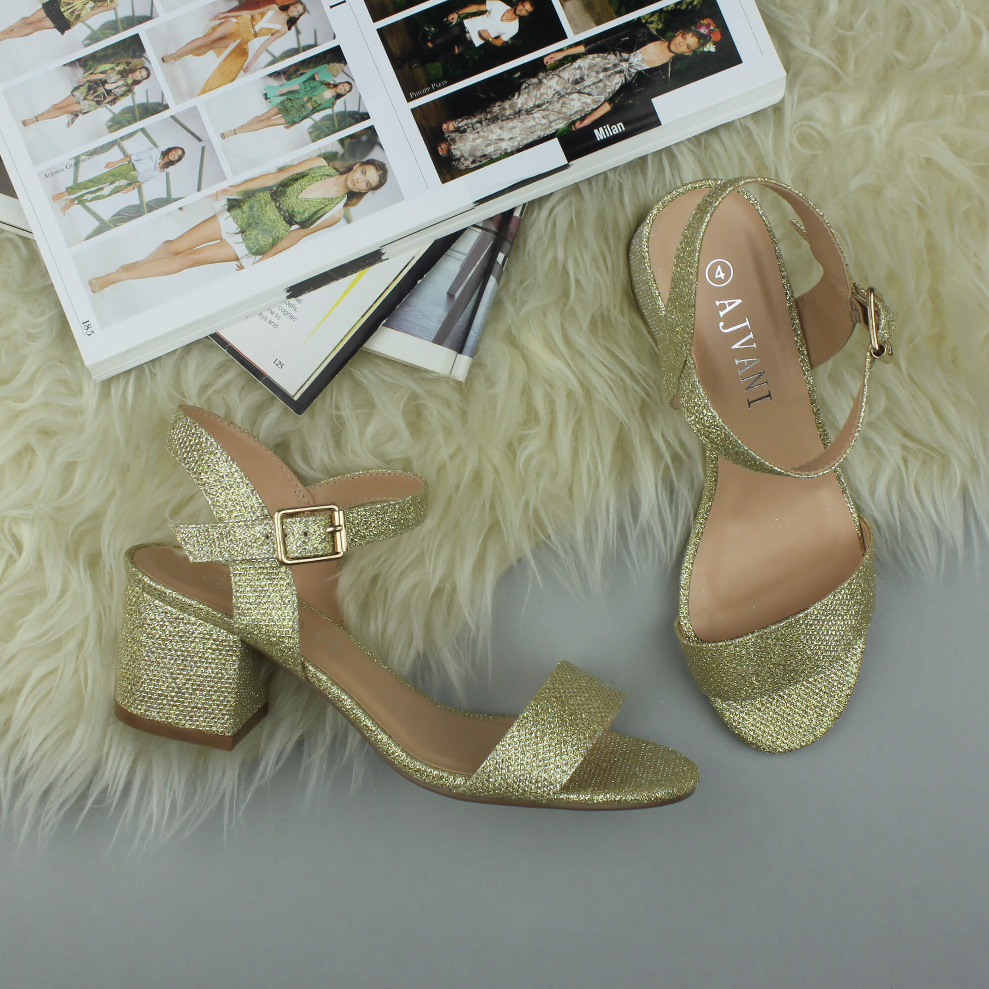 Gold AJVANI Gold Mid Block Heel Strappy Sandals, Image 4 of 6
