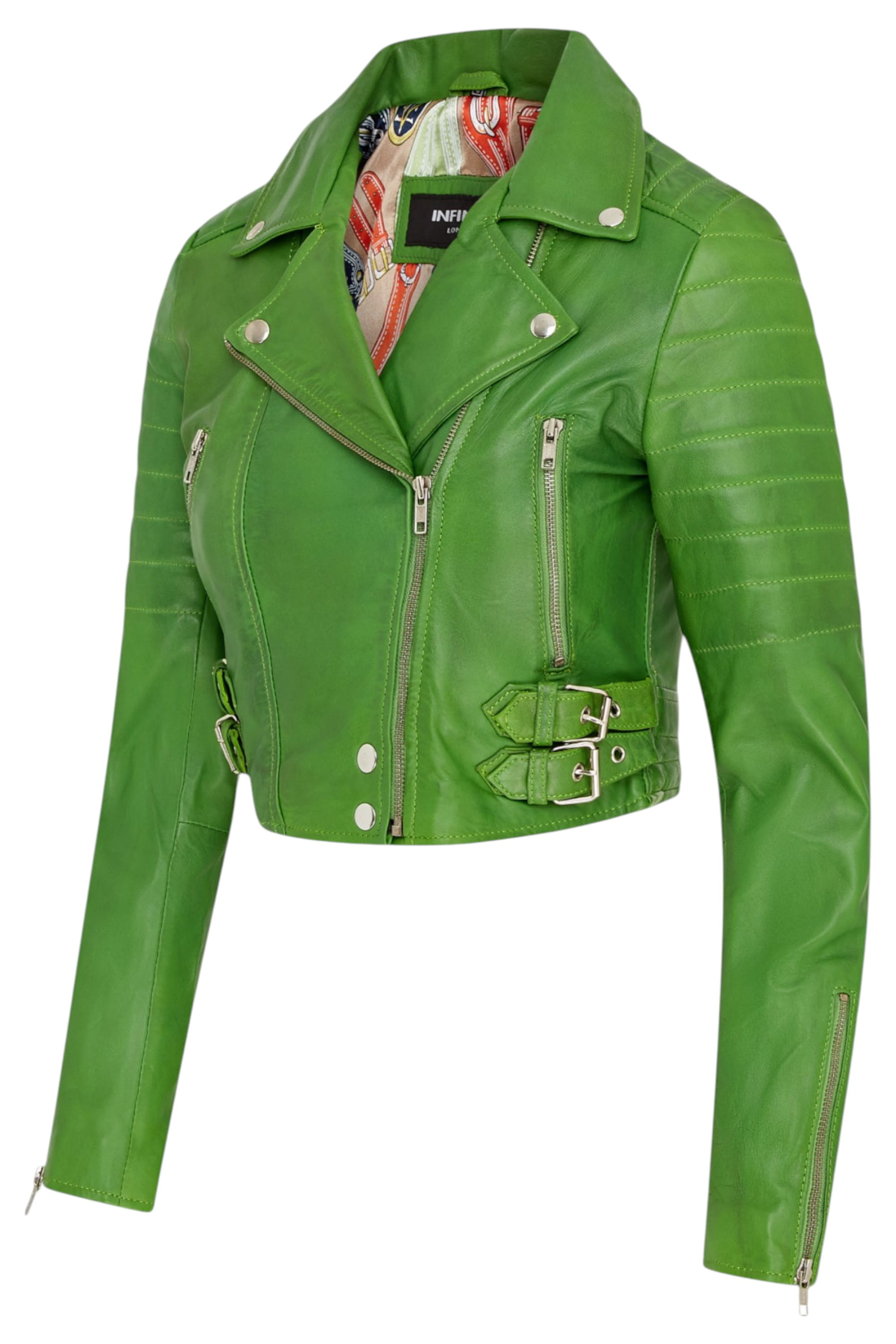 Green Cropped Brando Leather Biker Jacket, Image 4 of 6