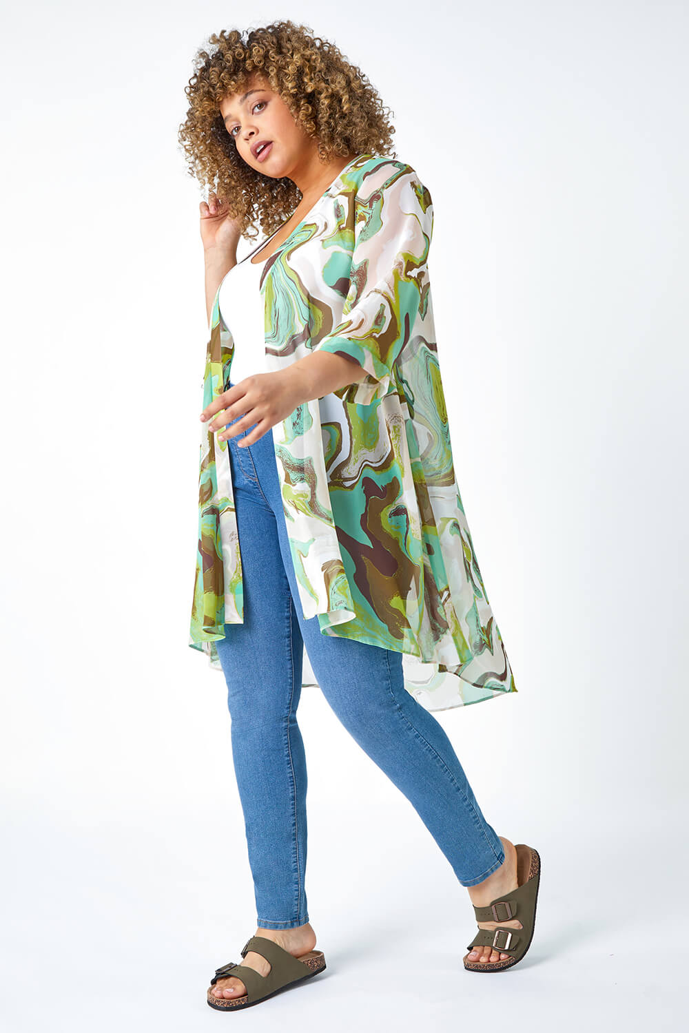 Roman Curve Women's Green Swirl Print Dipped Hem Kimono Size 22-24