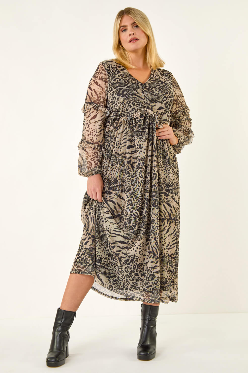 Beige Curve Animal Print Frill Midi Dress, Image 4 of 7