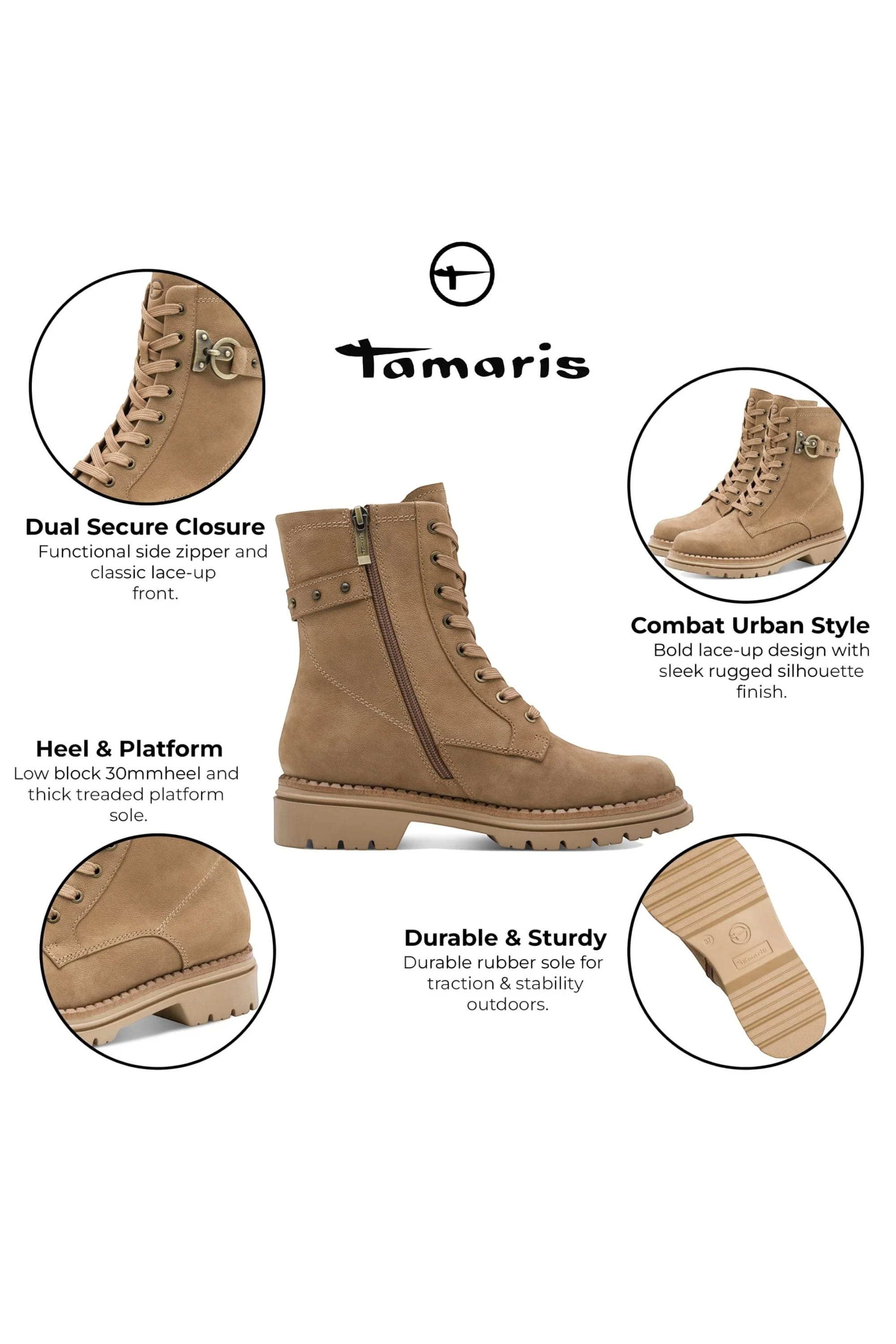 White Tamaris White Tamaris Womens Camel Beige Combat Boots, Image 2 of 7