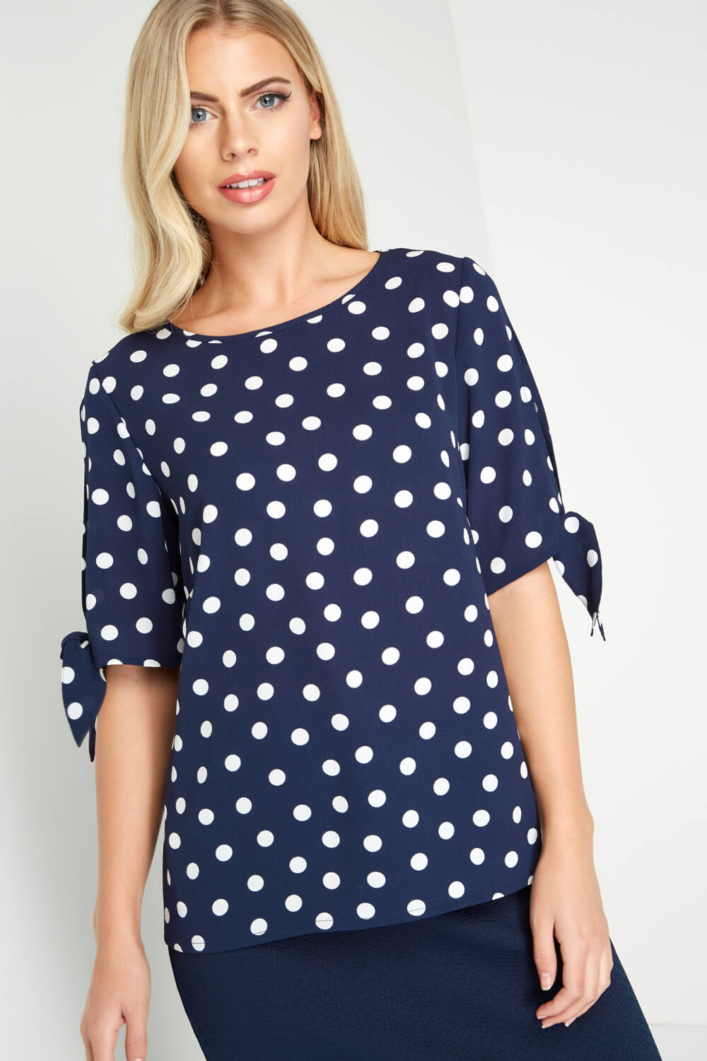 Navy Polka Dot Sleeve Tie Top, Image 1 of 5
