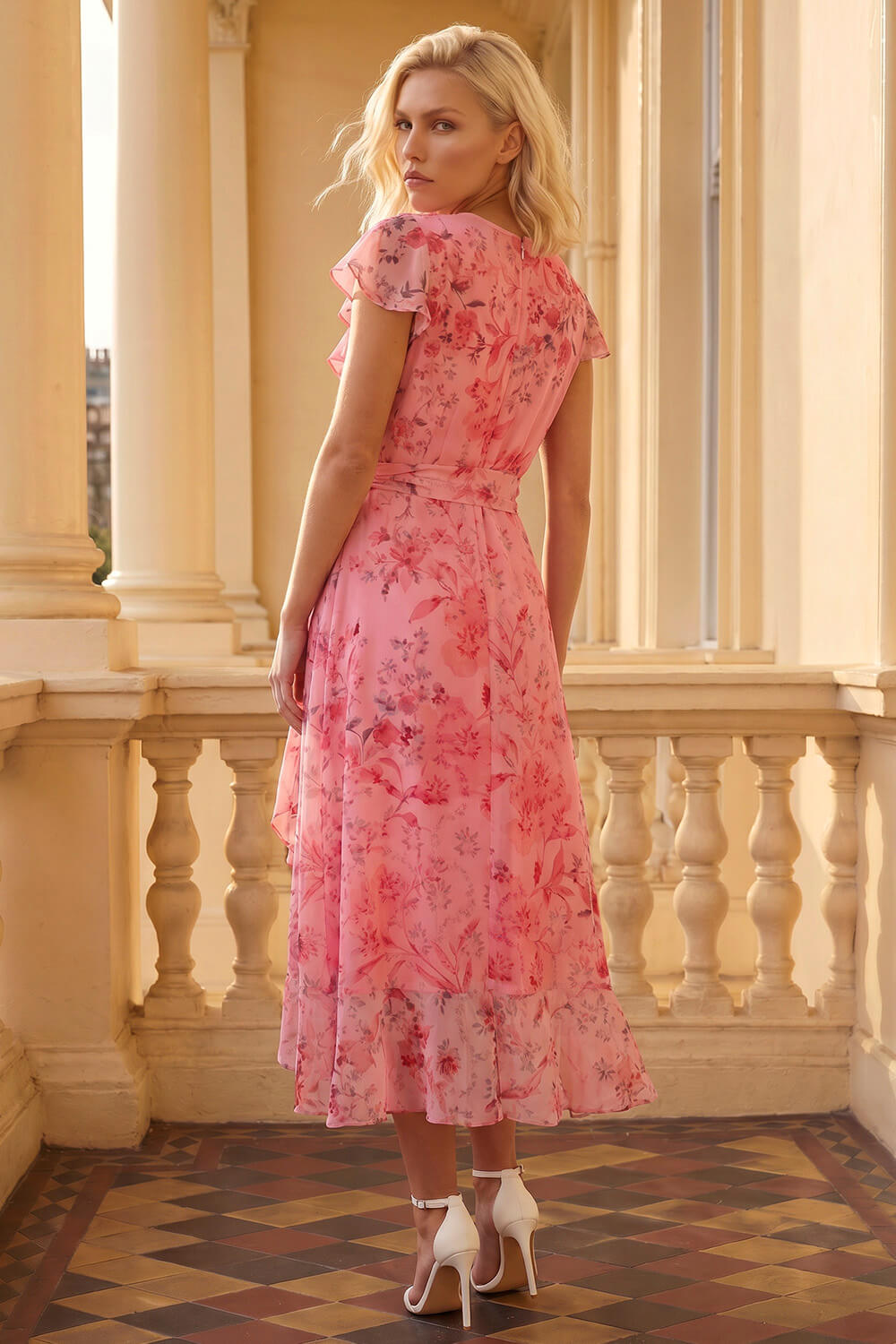 Coral Petite Floral Frill Midi Dress, Image 3 of 4