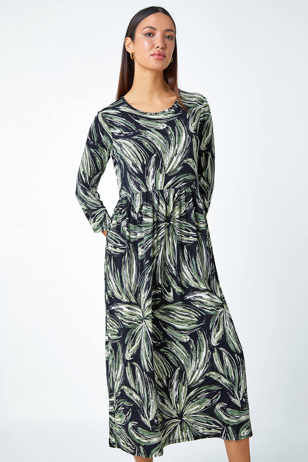 Khaki Textured Floral Print Midi Stretch Dress, Image 3 of 5