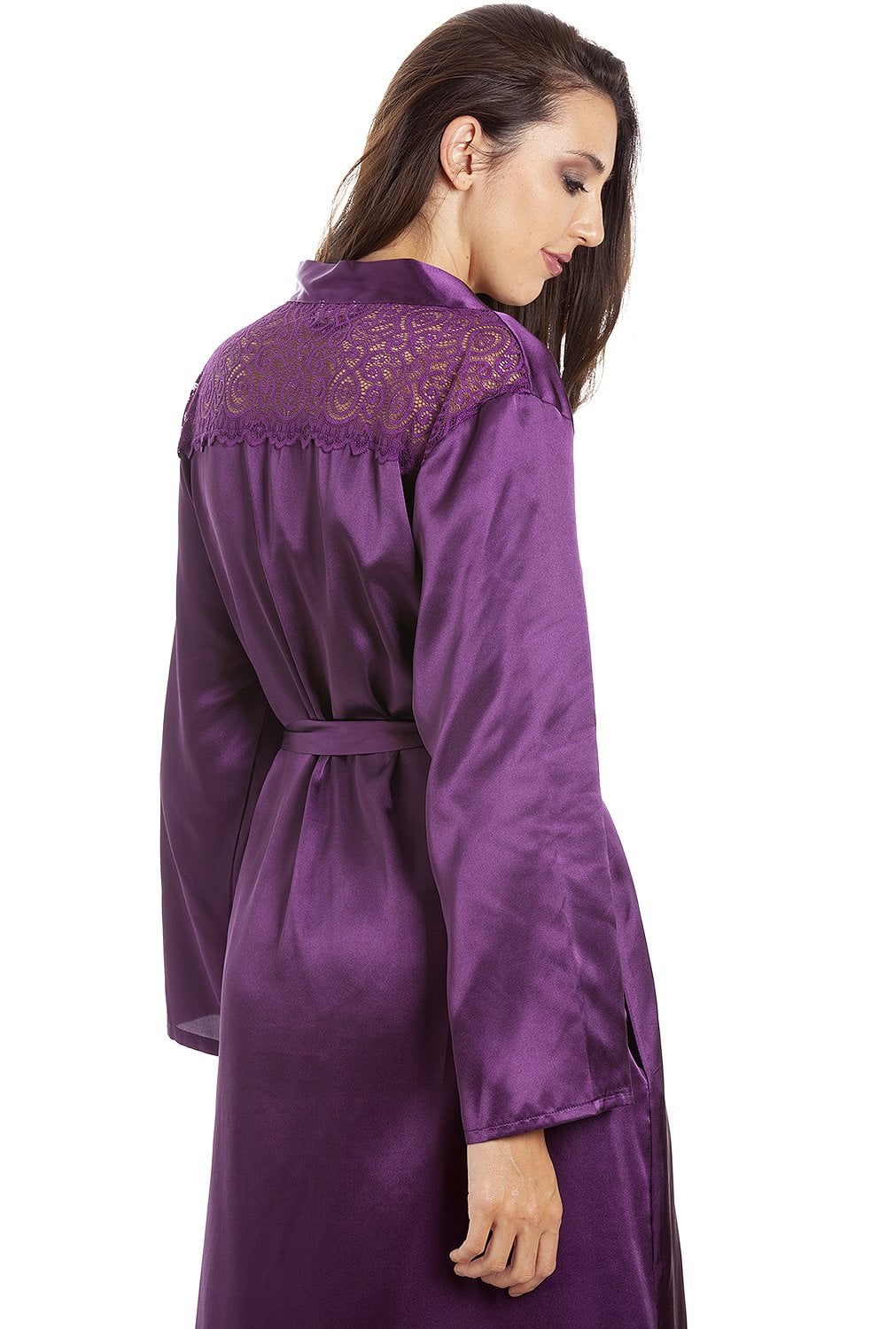 Purple Camille Lingerie Purple Full Length Long Sleeve Plain Satin Wrap, Image 4 of 5