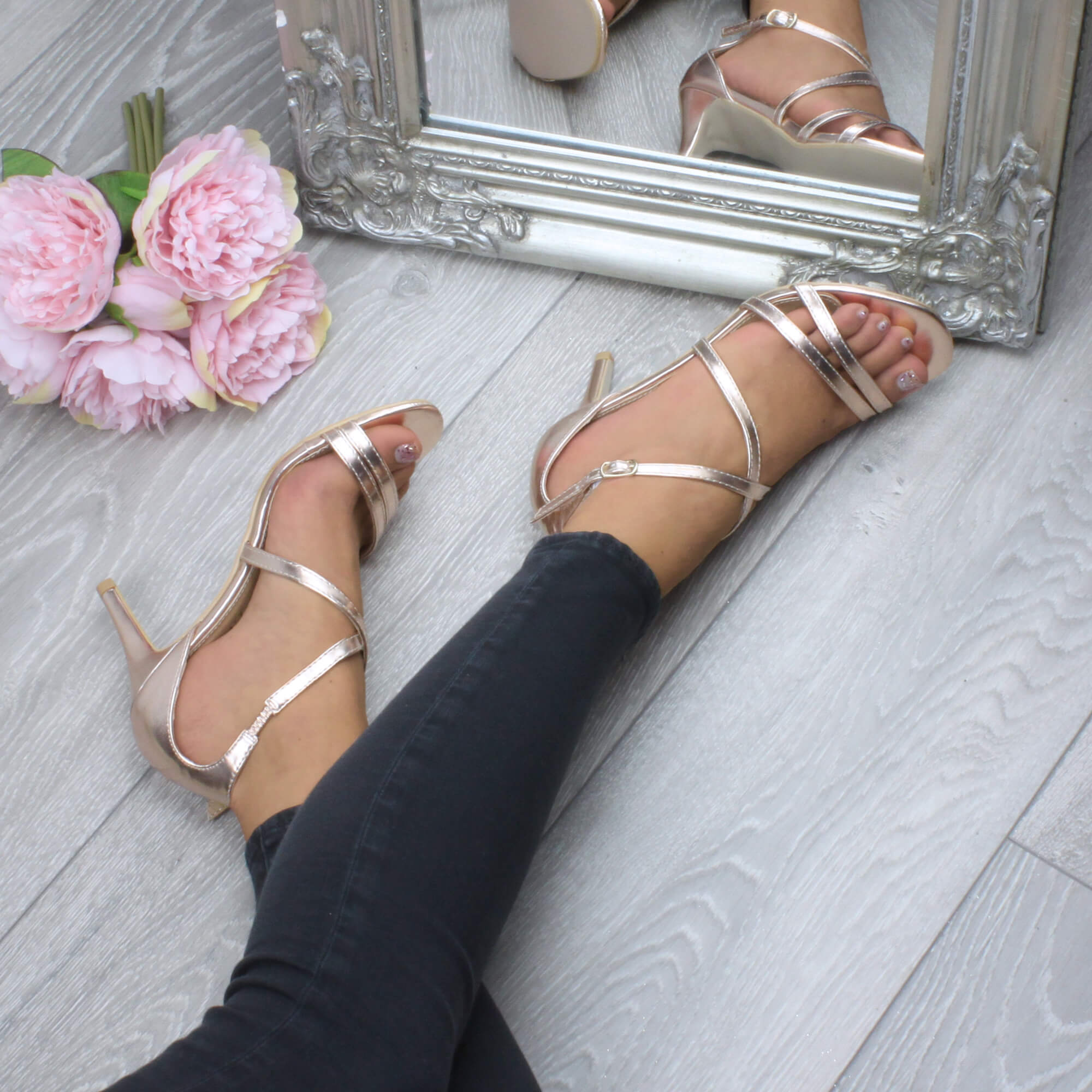 Rose Gold AJVANI Rose Gold High Heel Crossed Straps Buckle Sandals, Image 5 of 6