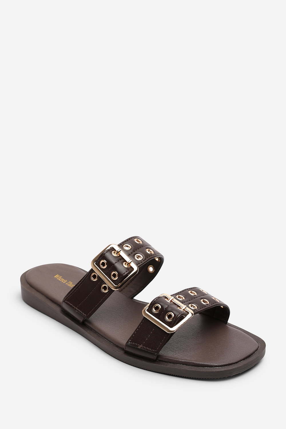 Dark Brown Orchard Slide On Double Buckle Studded Sandal, Image 3 of 5