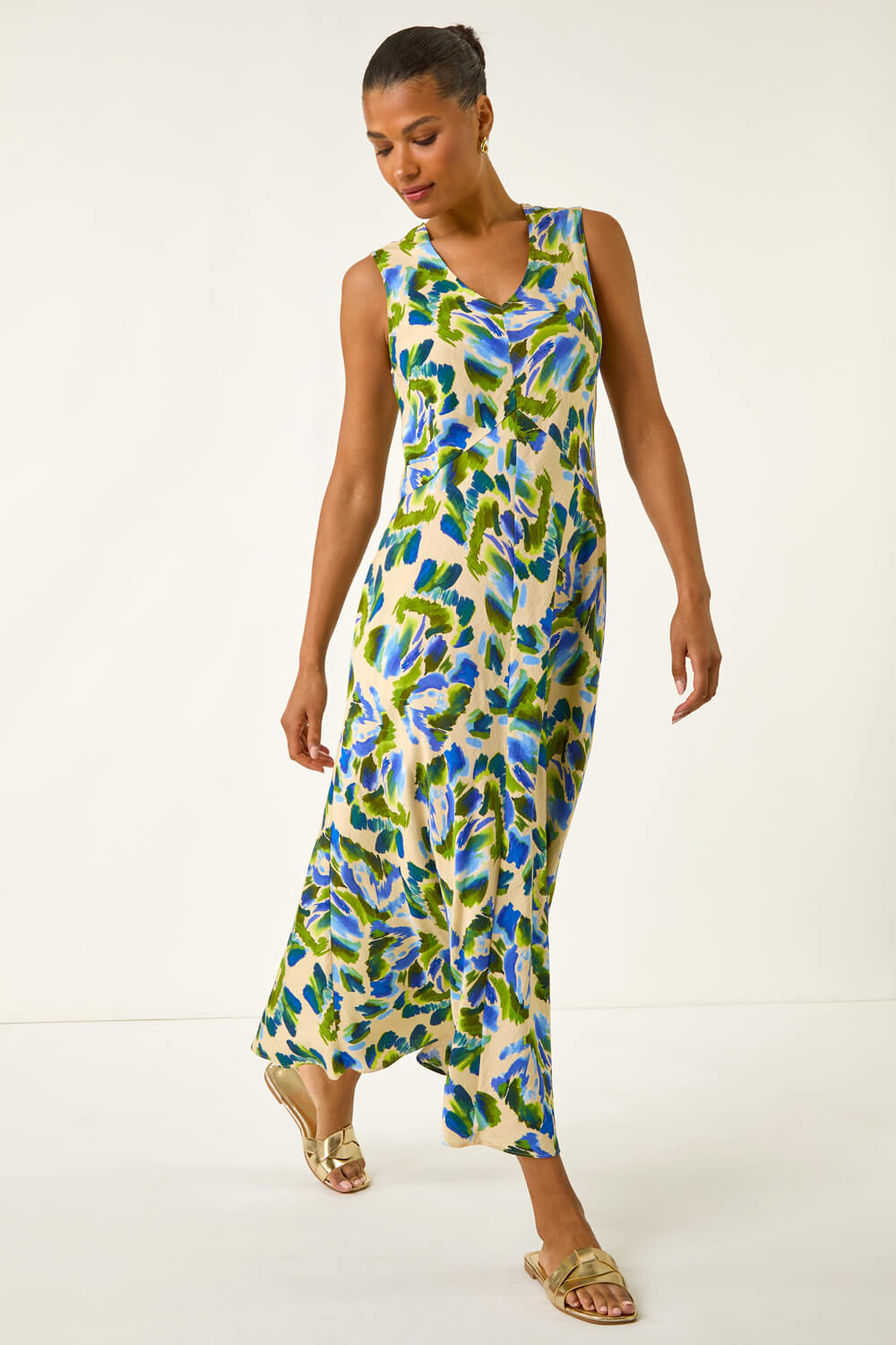 Blue Abstract Print Sleeveless Midi Dress, Image 1 of 5