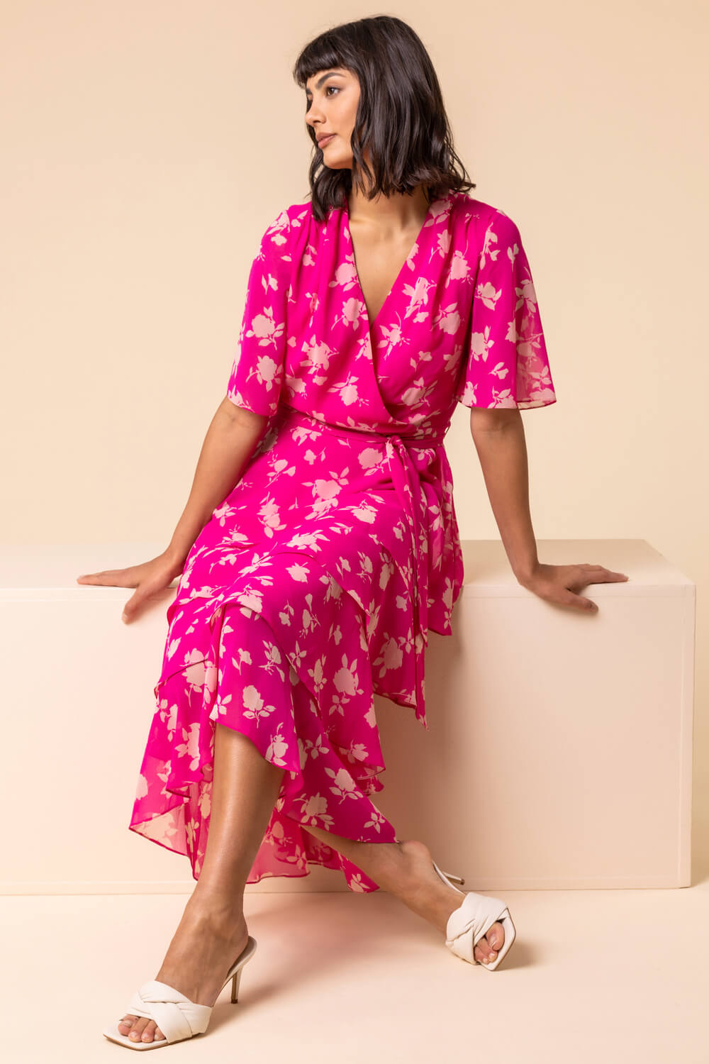 Pink Floral Print Tiered Frill Midi Dress, Image 6 of 5