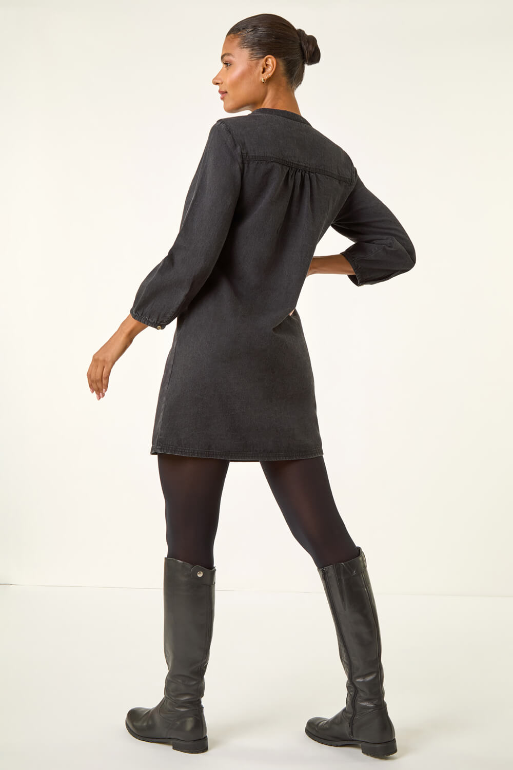 Black Cotton Denim Button Shift Dress, Image 4 of 5