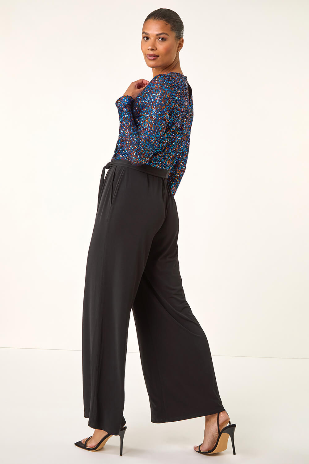 Royal Blue Sequin Wrap V-Neck Stretch Jumpsuit, Image 4 of 5