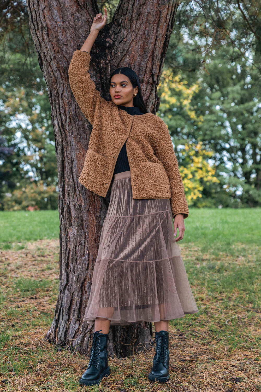 Mocha Pleated Velvet Overlay Skirt, Image 7 of 7