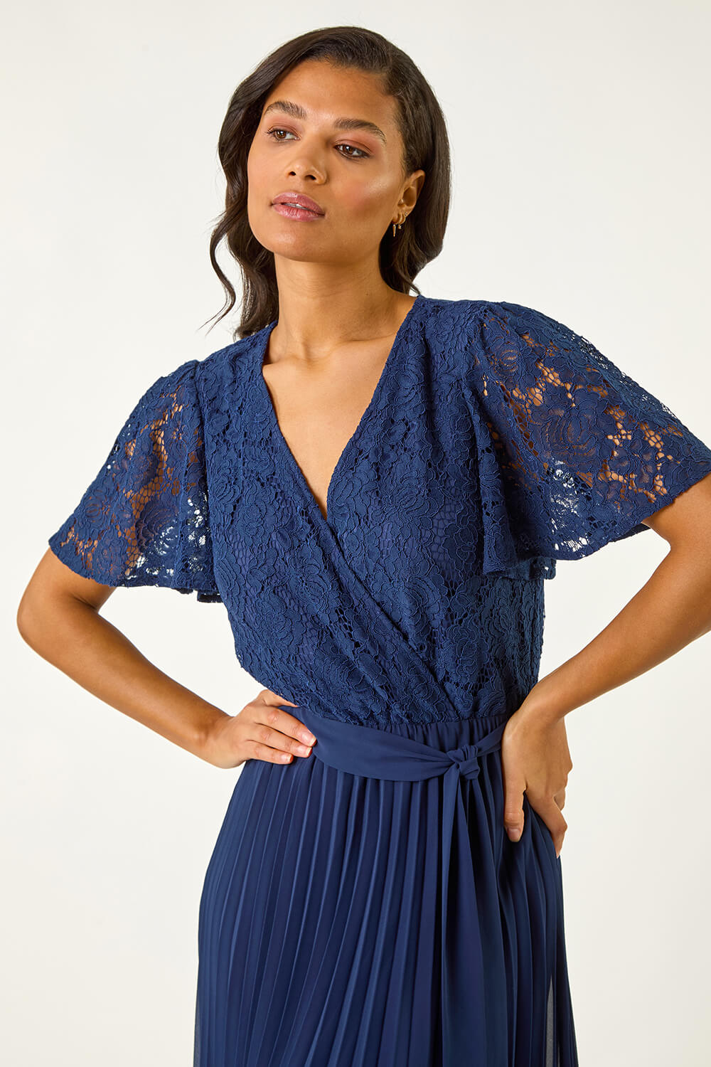 Navy Lace Detail Wrap Midi Dress, Image 5 of 5