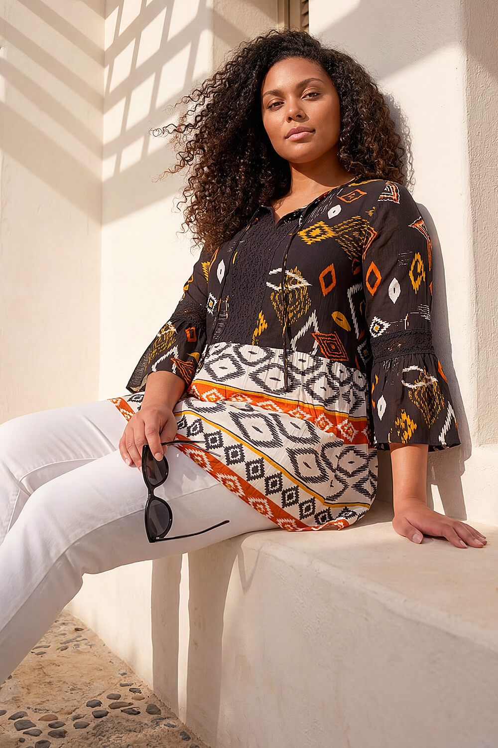 Roman Curve Women's Orange Ikat Print Woven Top Size 20