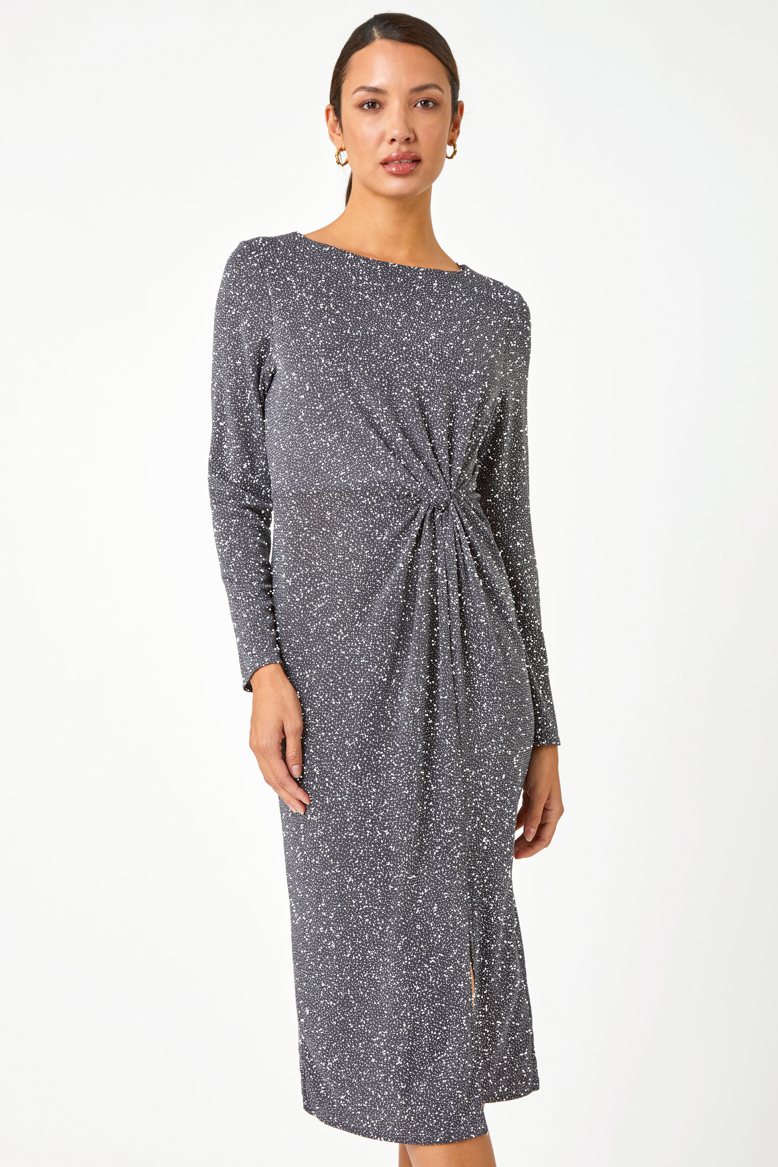 Grey Glitter Twist Detail Stretch Dress, Image 3 of 5