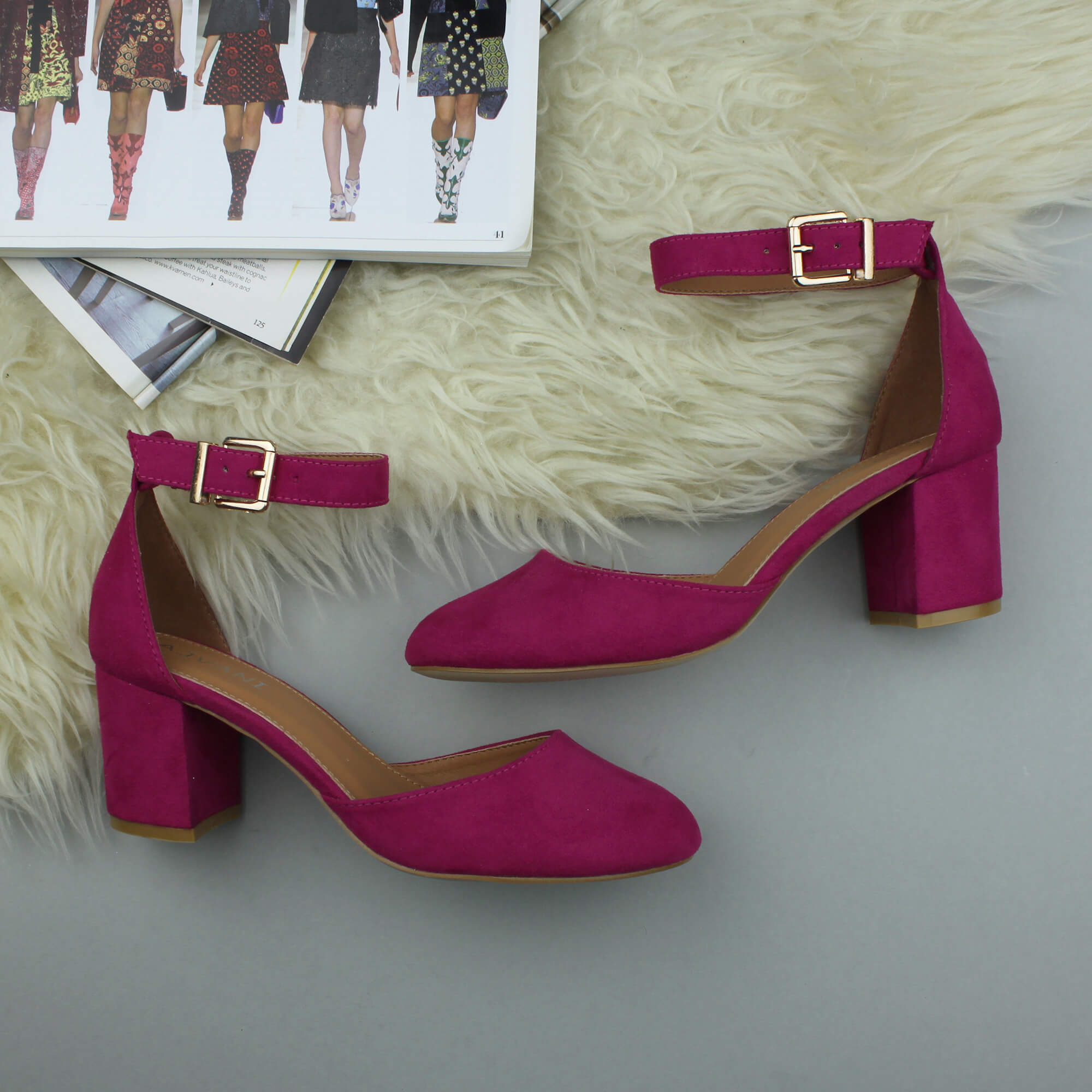 Fuchsia AJVANI Fuchsia Mid Block Heel Ankle Strap 2 Part Heels, Image 4 of 6