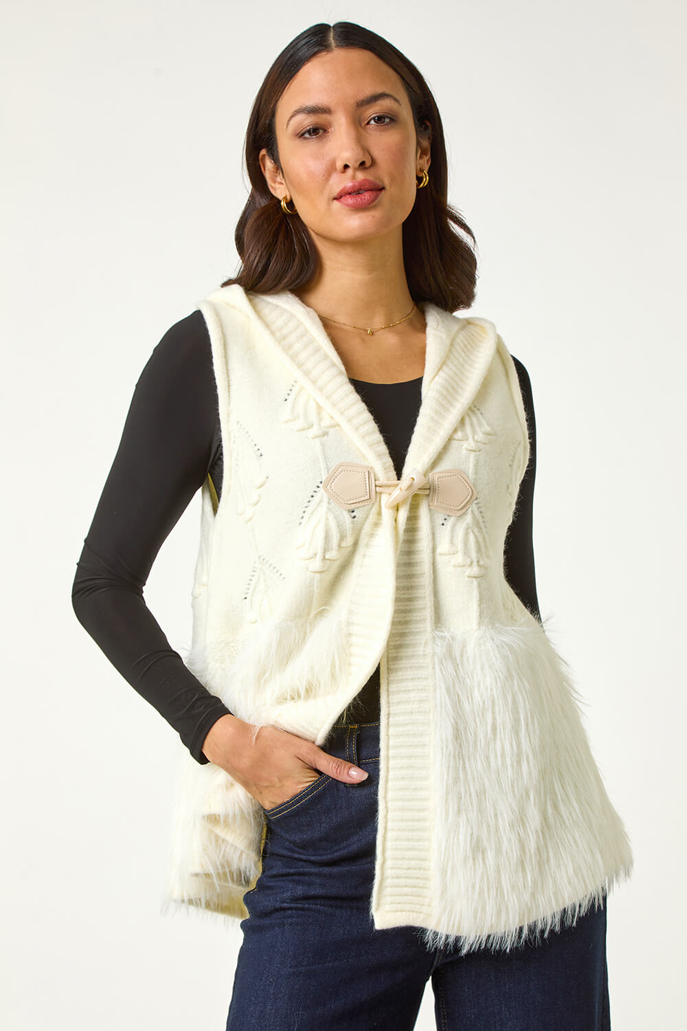 Roman Women's Ivory Faux Fur Knit Gilet - One