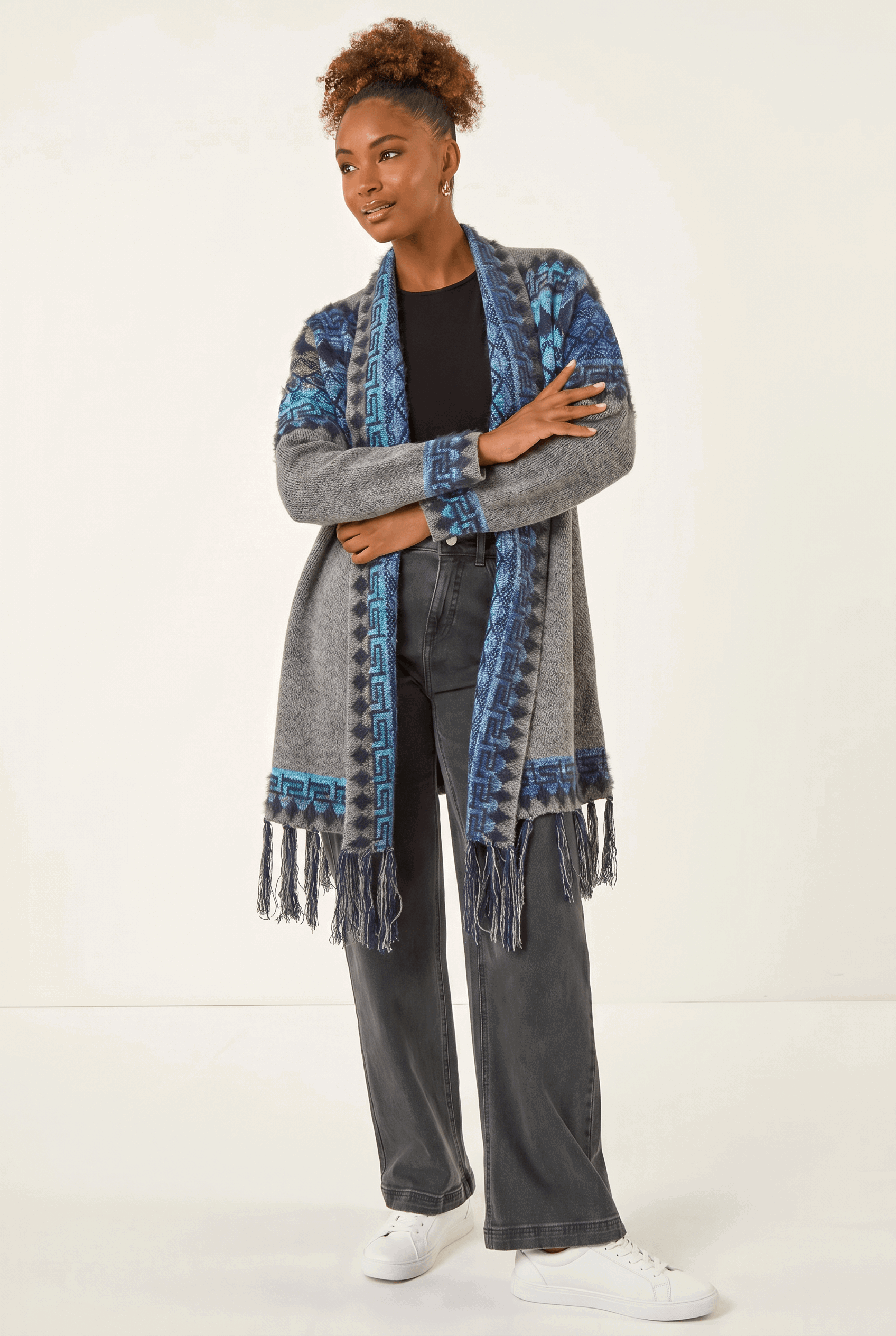 Grey Jacquard Edge Knit Cardigan, Image 3 of 5