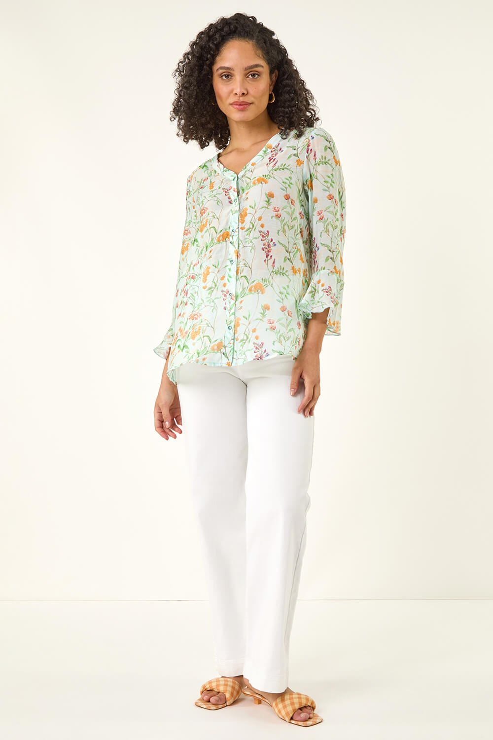Light Blue Floral Flare Sleeve Button Up Blouse, Image 3 of 5