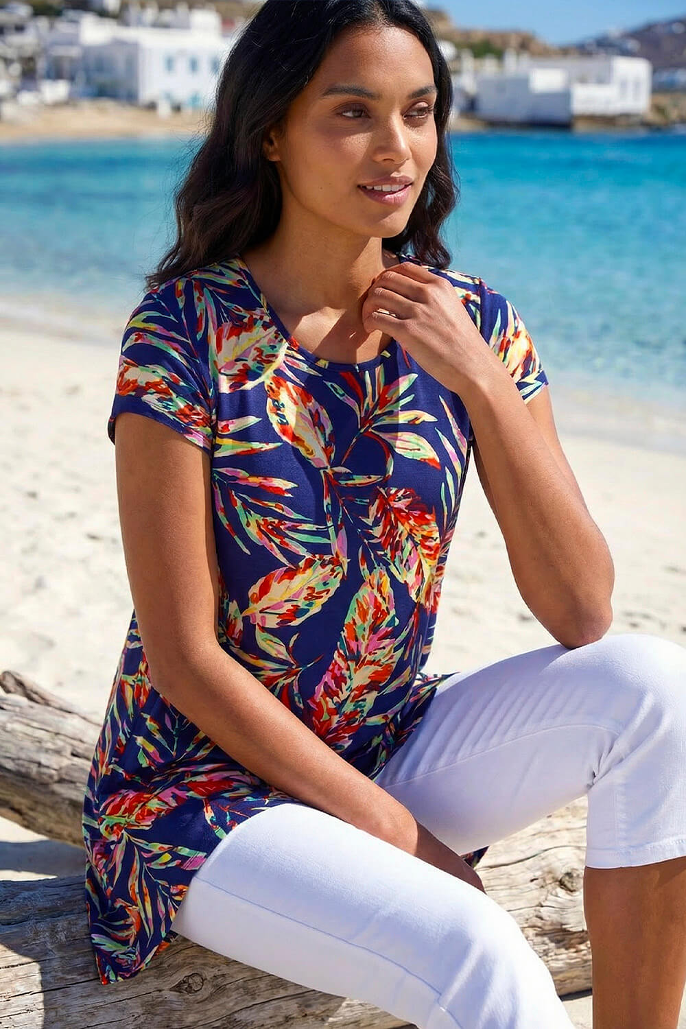 Navy  Leaf Print Hanky Hem Tunic Stretch Top, Image 1 of 4