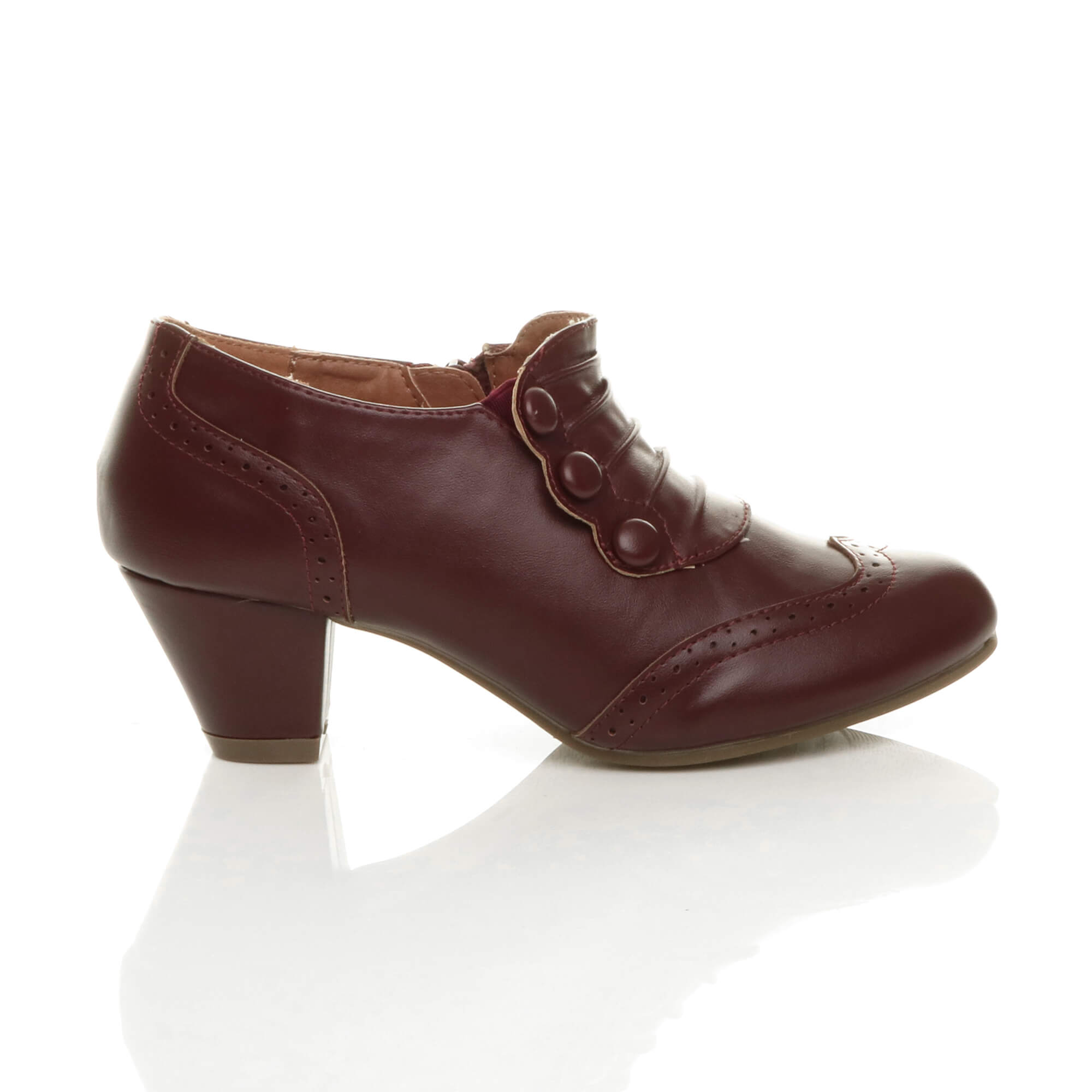 Burgundy AJVANI Burgundy Mid Heel Brogue Button Ankle Boots Shoe Boots, Image 2 of 6